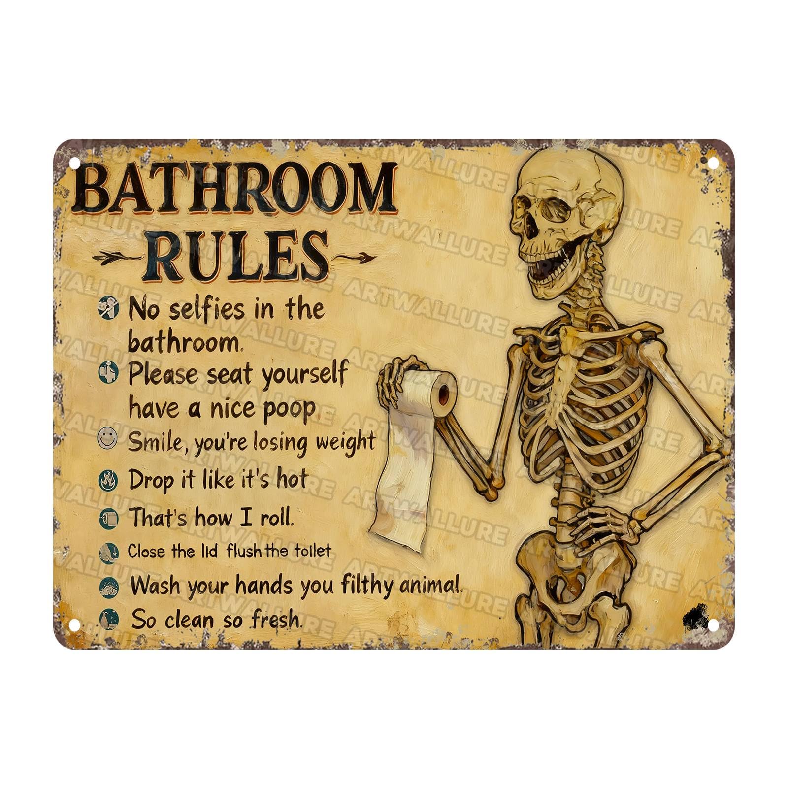 Funny Skeleton Bathroom Rules Metal Sign Vintage Gothic Humor Design For Toilet Restroom Wall Decor 12x16Inch