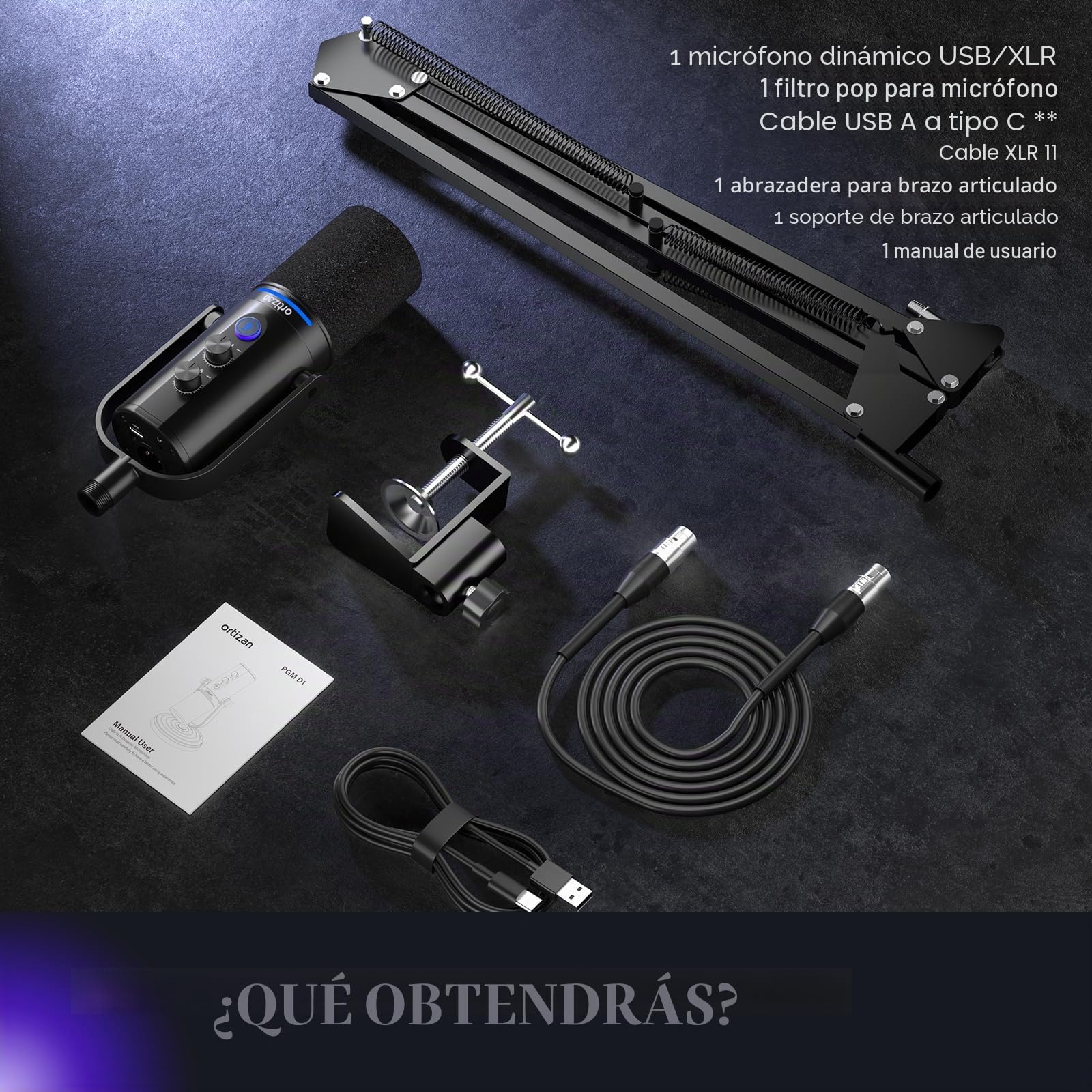 Ortizan Micrófono dinámico XLR/USB, micrófono de Podcast, micrófonos de Condensador con botón de Silencio, Efectos de reverberación, cancelación de Ruido, Soporte de Brazo de Brazo, Conector para | Para juegos, streaming, podcast, voz, OBS, Discord, PS5,