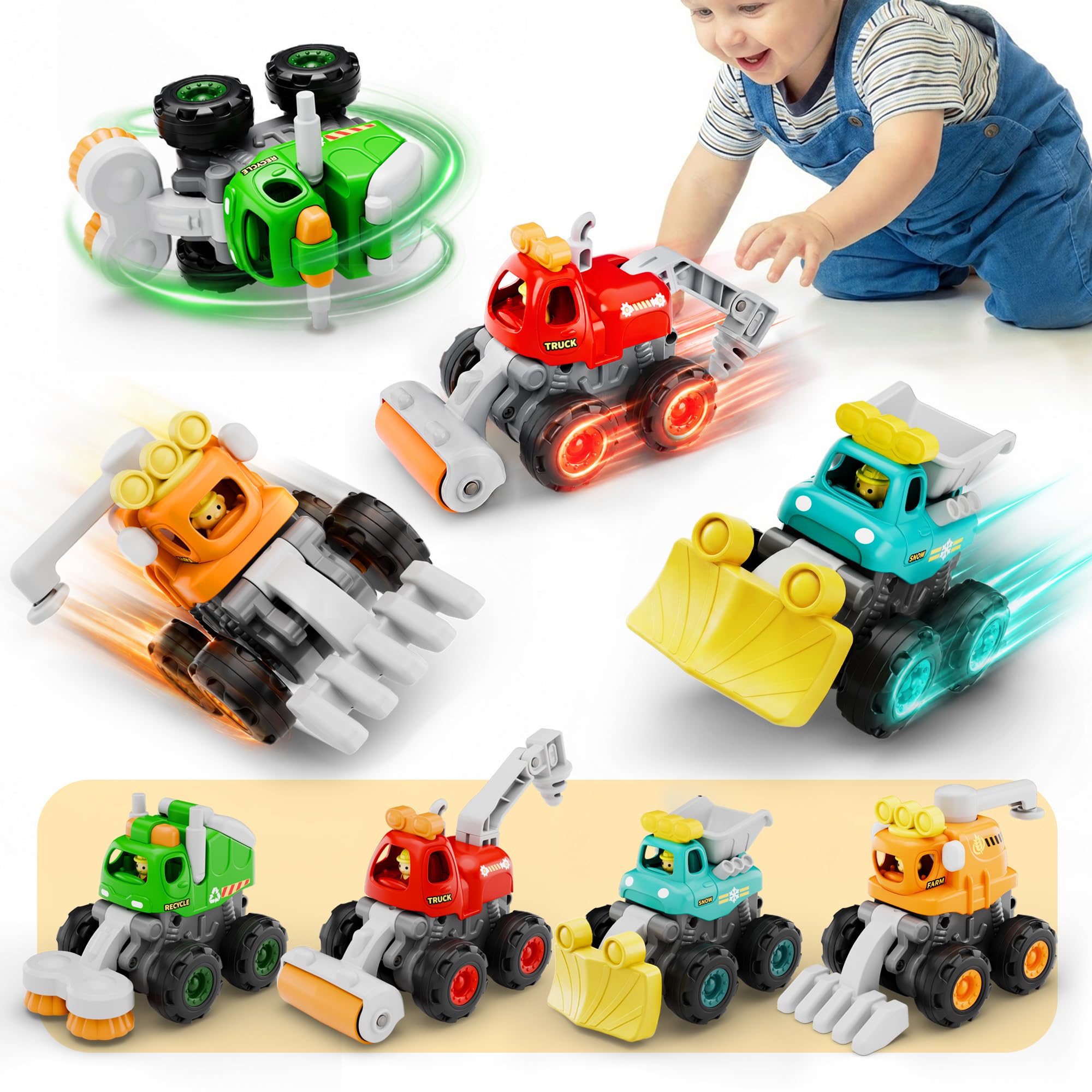iPlay, iLearn Stunt Construction Trucks for Toddlers 1-3, Baby Friction Car