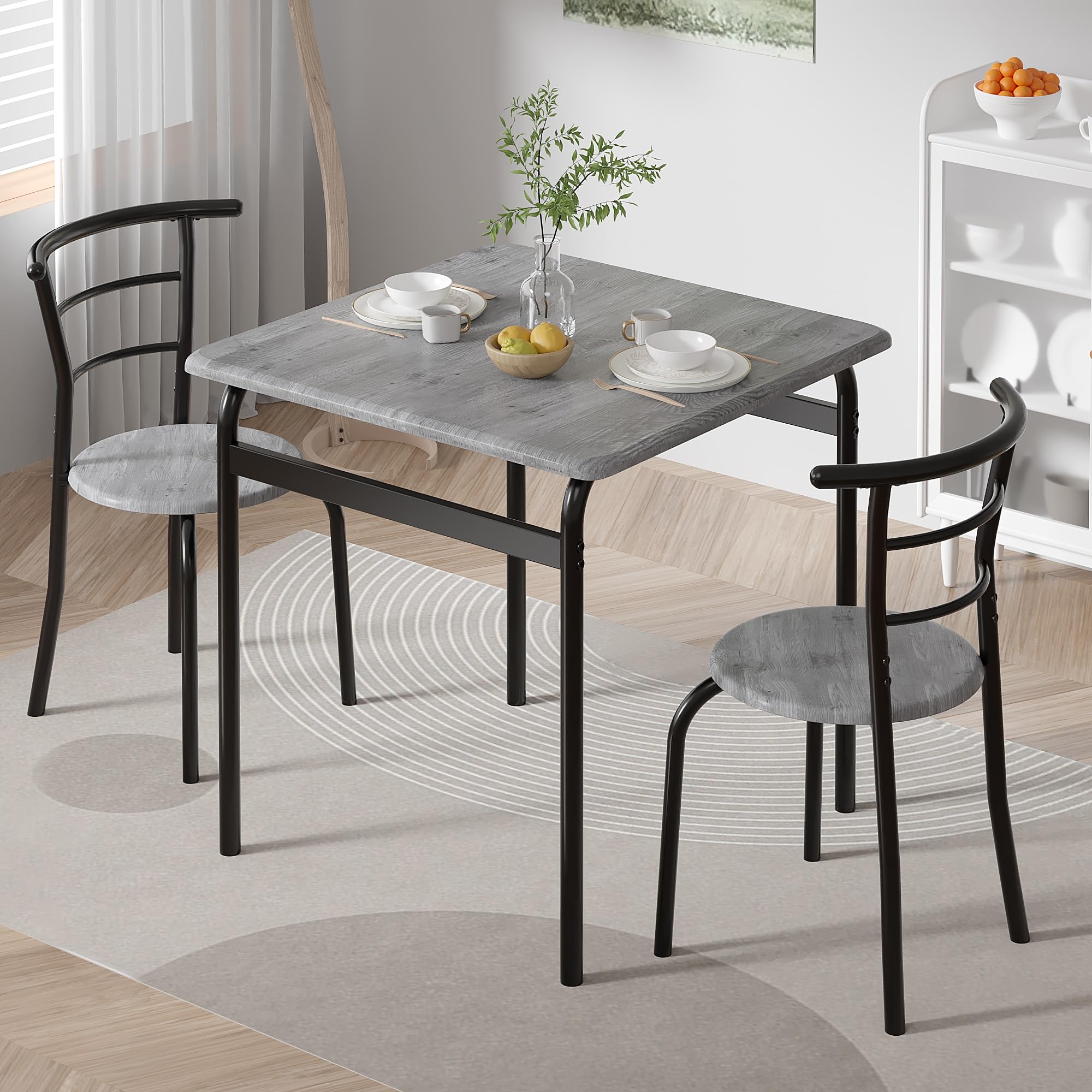 VECELO 3-Piece Dining Table Set for Kitchen Breakfast Nook, Wood Grain Square Tabletop and Metal Frame, for Small Spaces, Grey