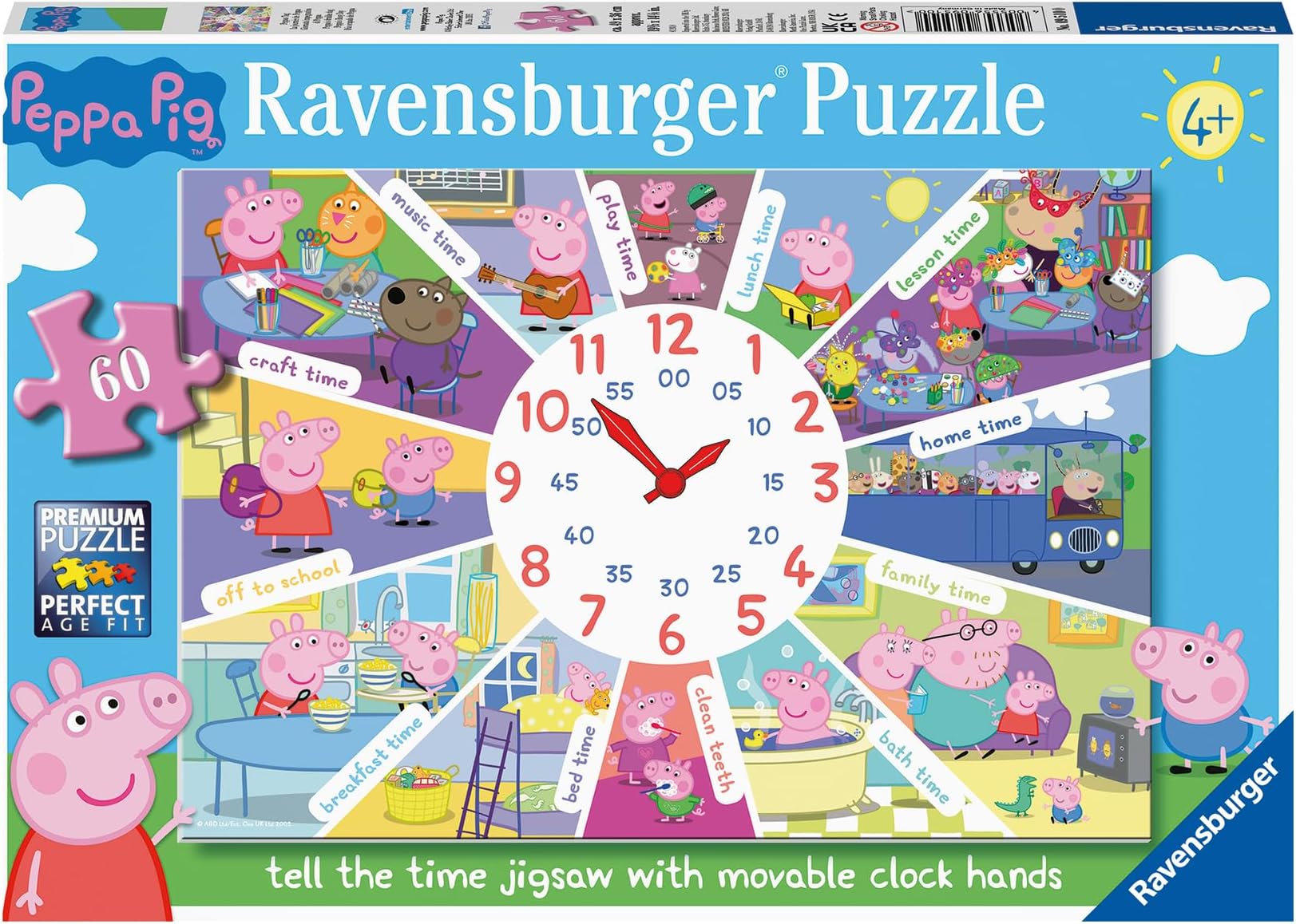 Ravensburger Peppa Pig Tell The Time 60 Piece Clock Jigsaw Puzzle for Kids Age 4 Years Up - Moveable Hands