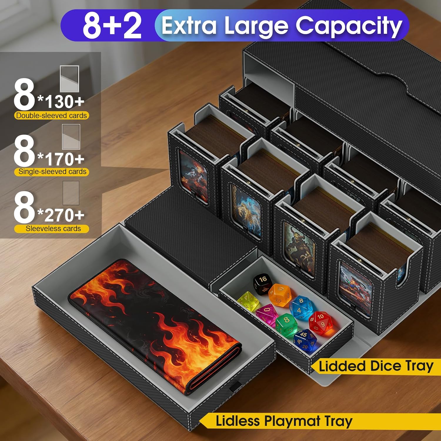 Cortile Commander Deck Box for MTG, 10 IN 1 Card Deck Box with 8-Deck Modular Card Case and 2 Dice Trays Holds 1040+ Double-sleeved Cards, Removable MTG Deck Box with Handle for TCG/EDH, Black Grey