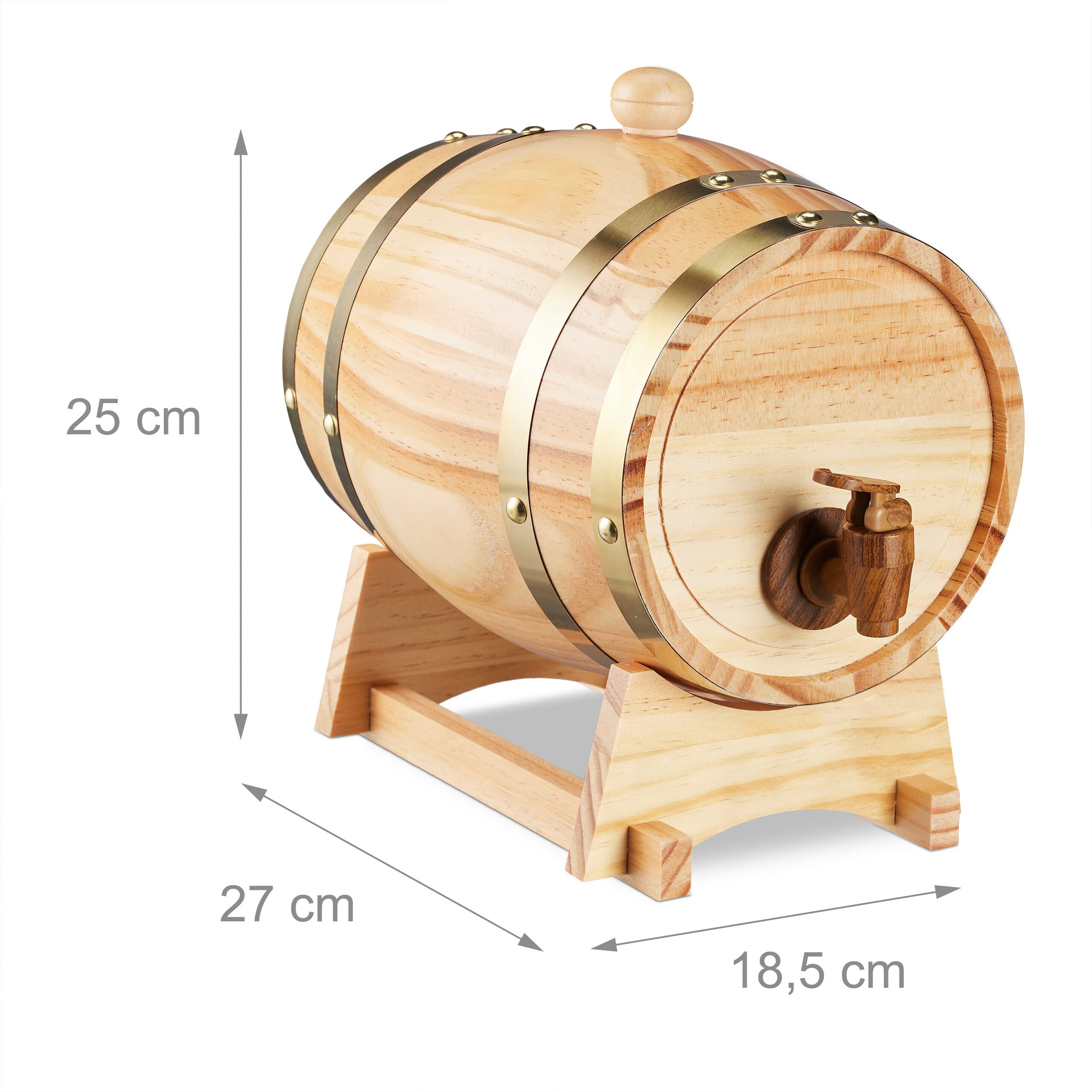 Relaxdays Tonneau pour Boissons, 2,2 litres, Bois, fût, Support & Robinet, Whisky, vin, spiritueux, Distributeur, Nature, 25 x 18,5 x 27 cm