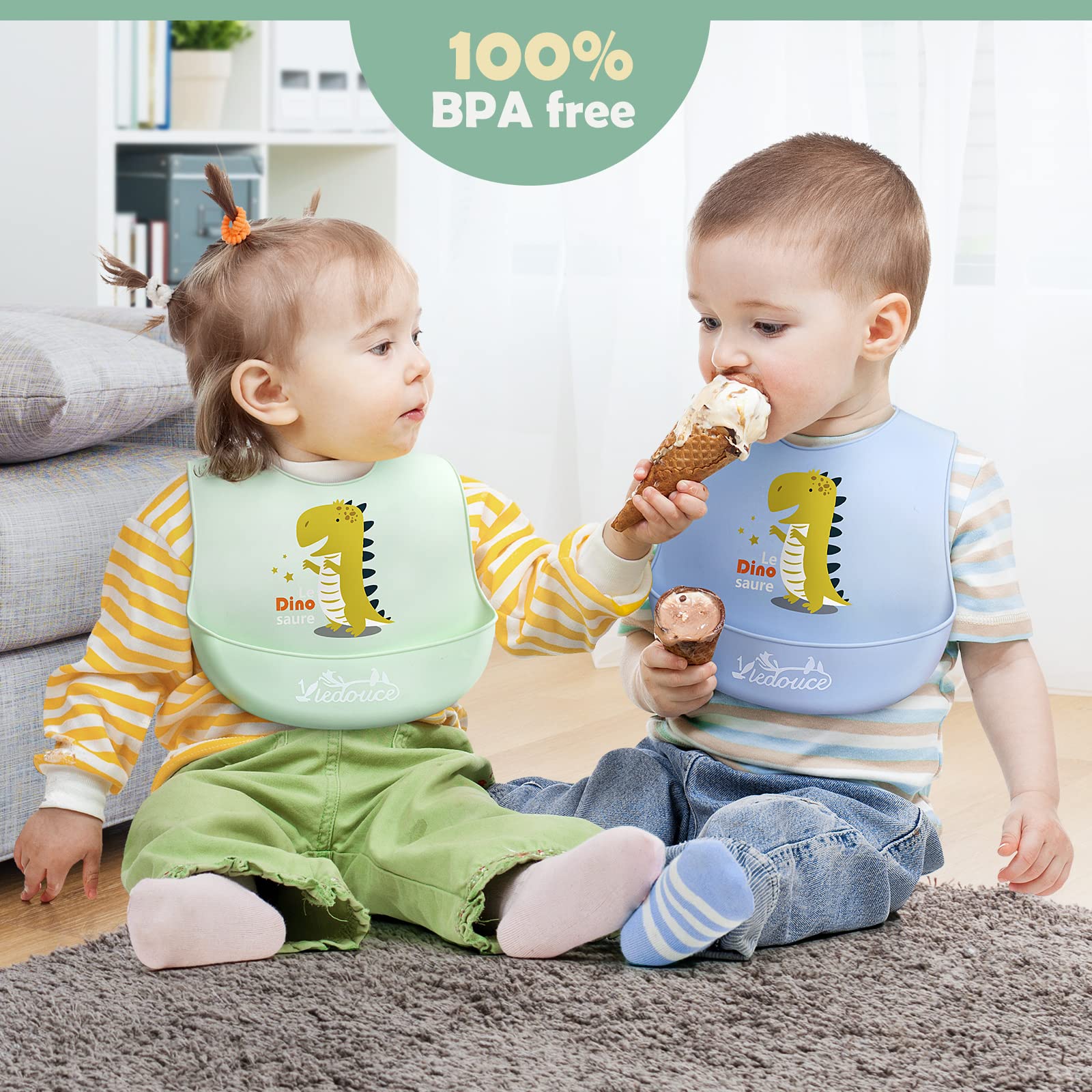 OXO Tot Bavaglini In Silicone Arrotolabili – 2 Pezzi, Grigio/Verde Acqua, Con Tasca E Collo In Tessuto, Dai 6 Mesi