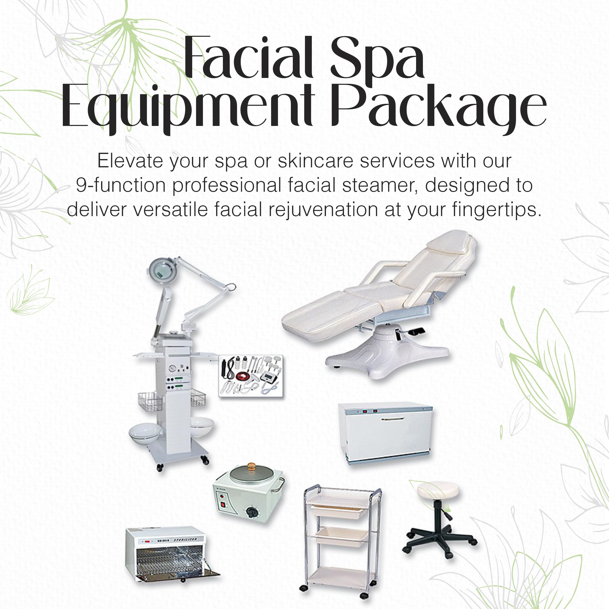 Discount Spa Equipment - Pack-5, Facial Spa Equipment Package, Facial Spa Kit, 9-Function Facial Machine, Towel Warmer, Massage Bed, Hydra Stool, UV, Single Waxer, & Trolley
