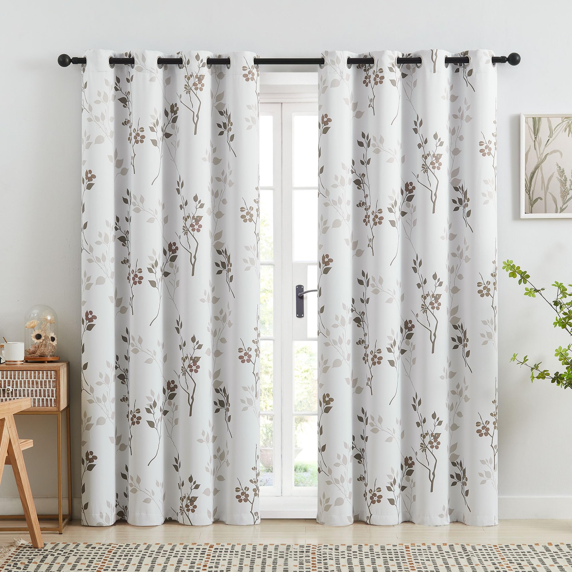 Beauoop Botanical Print Bedroom Curtains 96 Inches Long Full Blackout Window Curtain Panels Floral Thermal Insulated Drapes Leaf Grommet Top Window Treatment, 52 x 96 Inch, White/Tan/Brown (2 Panels)