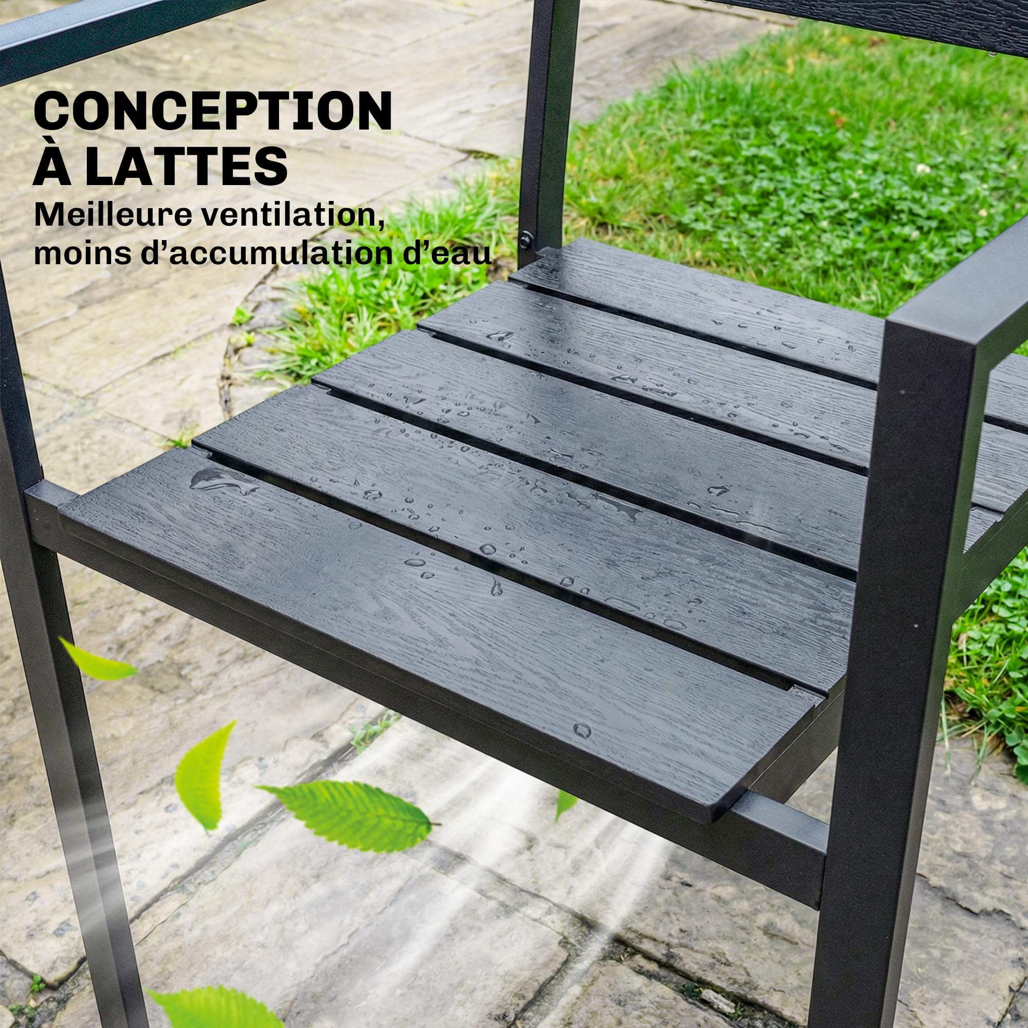 Outsunny Lot de 4 Chaises de Jardin Chaises de Salle à Manger Empilables - HDPE Effet Bois avec Accoudoirs Résistant aux Intempéries - Fauteuils Extérieurs pour Terrasse Balcon Repas Plein Air, Noir
