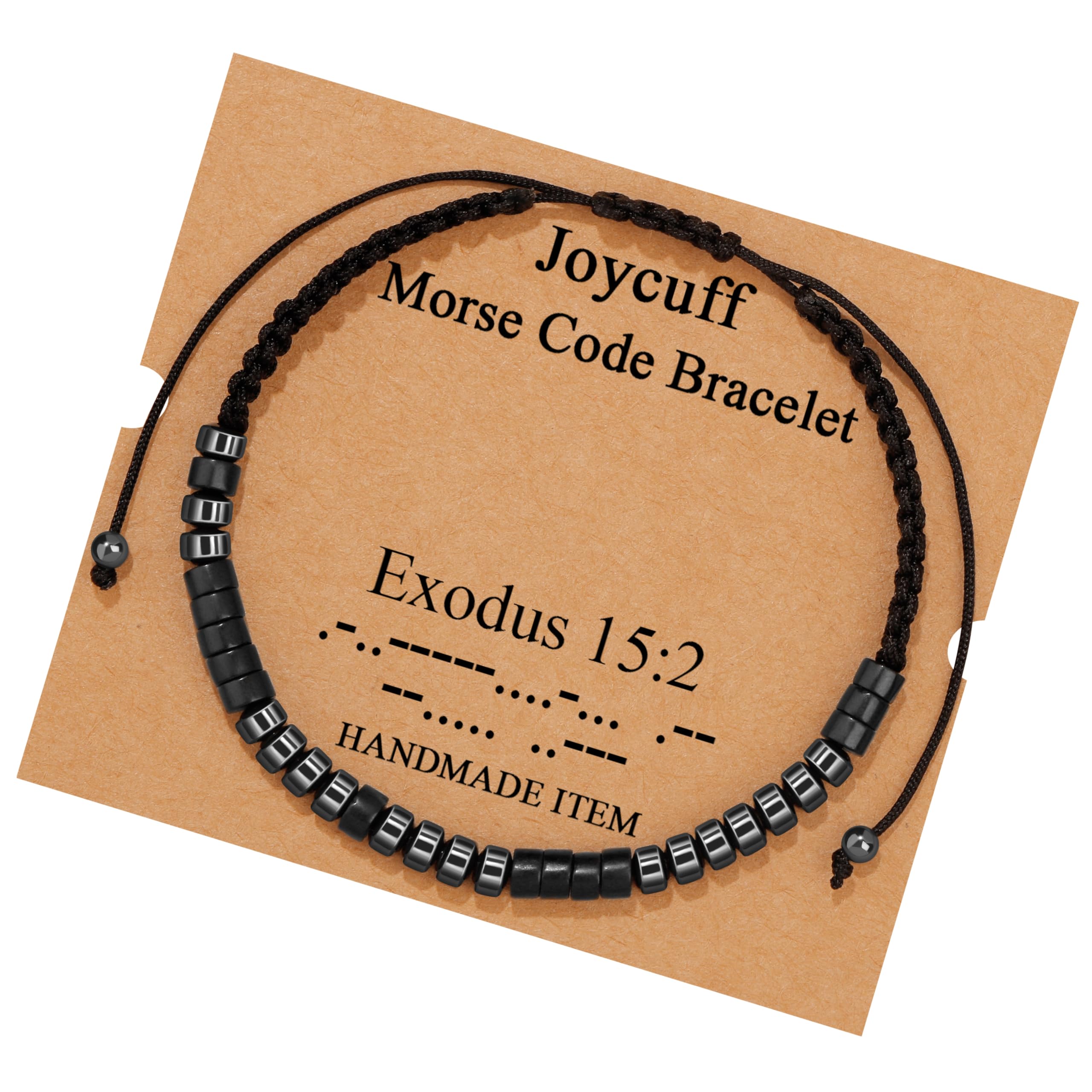 JoycuFF Christian Gifts for Women，Inspirational Morse Code Bracelets Bible Verse Religious Gifts for Her Teen Girls Birthday Christmas Exodus 15:2, 7 inches, Black