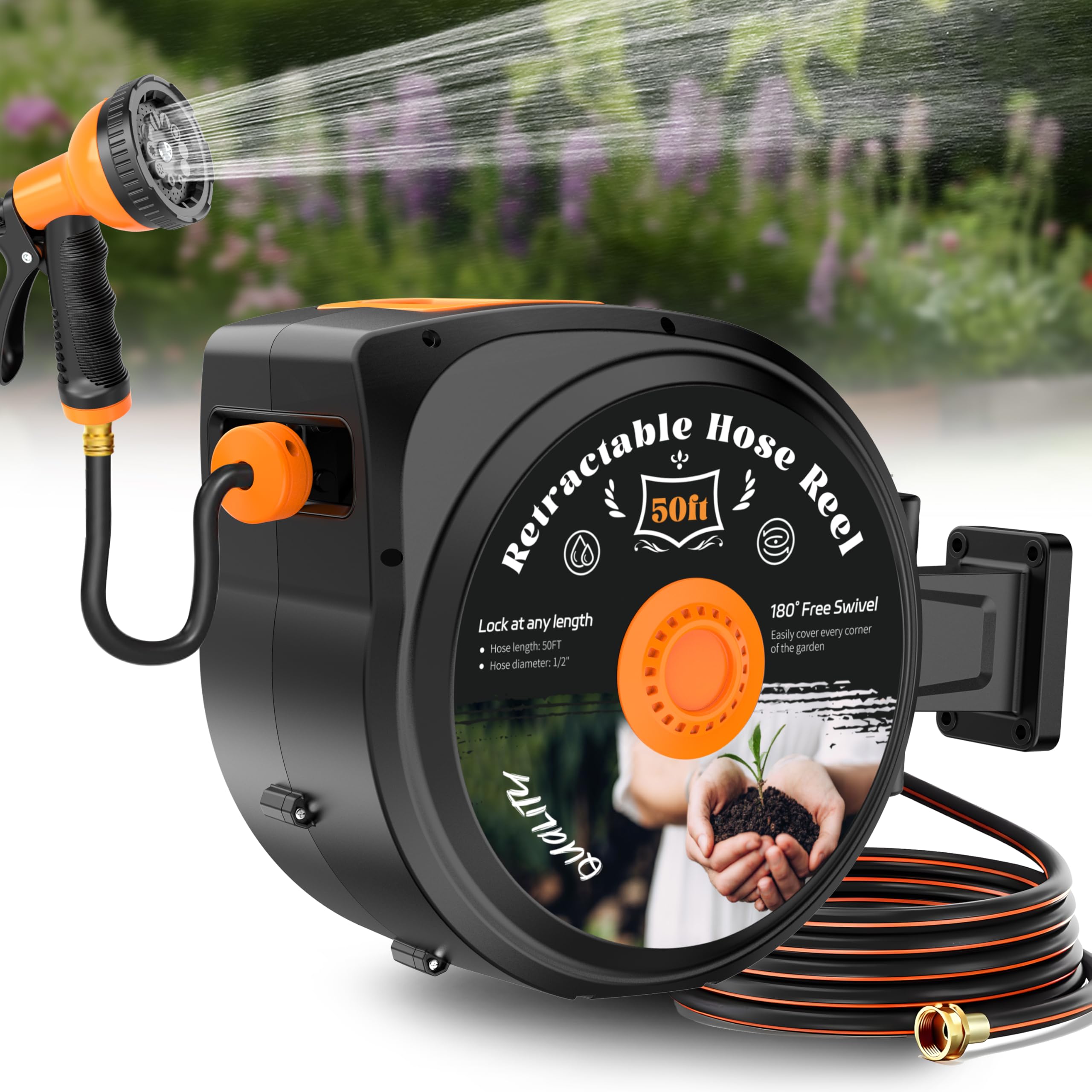 retractable garden hose reel, 1/2 in x 50 ft wall mounted hose reel heavy duty with 10-function sprayer nozzle, any length lock, slow return system, 180°swivel bracke for large yard lawn car washing