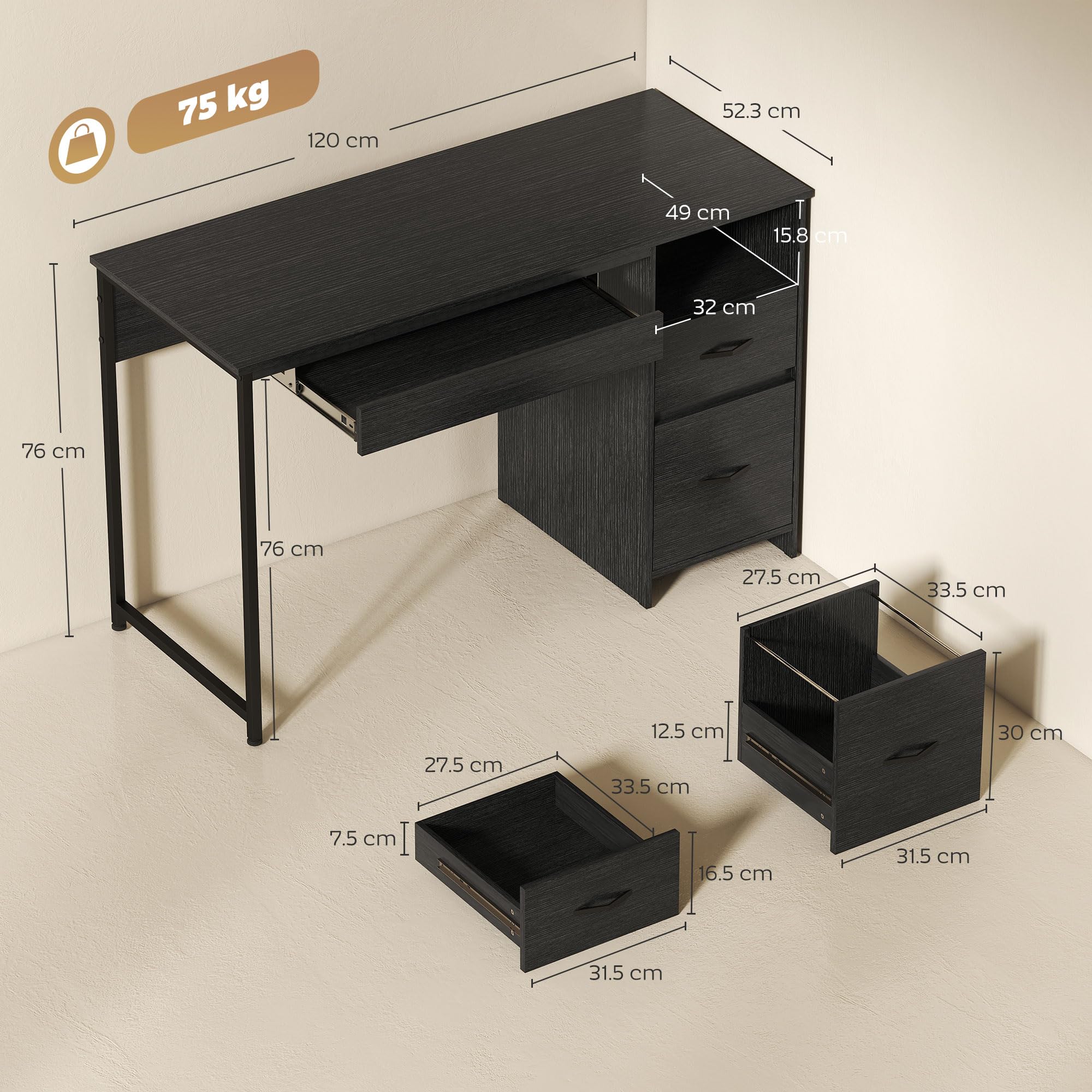 HOMCOM Scrivania Ufficio Salvaspazio con 2 Cassetti 120x52.3 cm Nero | per Documenti Formato A4 Lettera Legale, Vano Aperto, Vassoio per Tastiera, Tavolo Computer per Studio Casa Ufficio