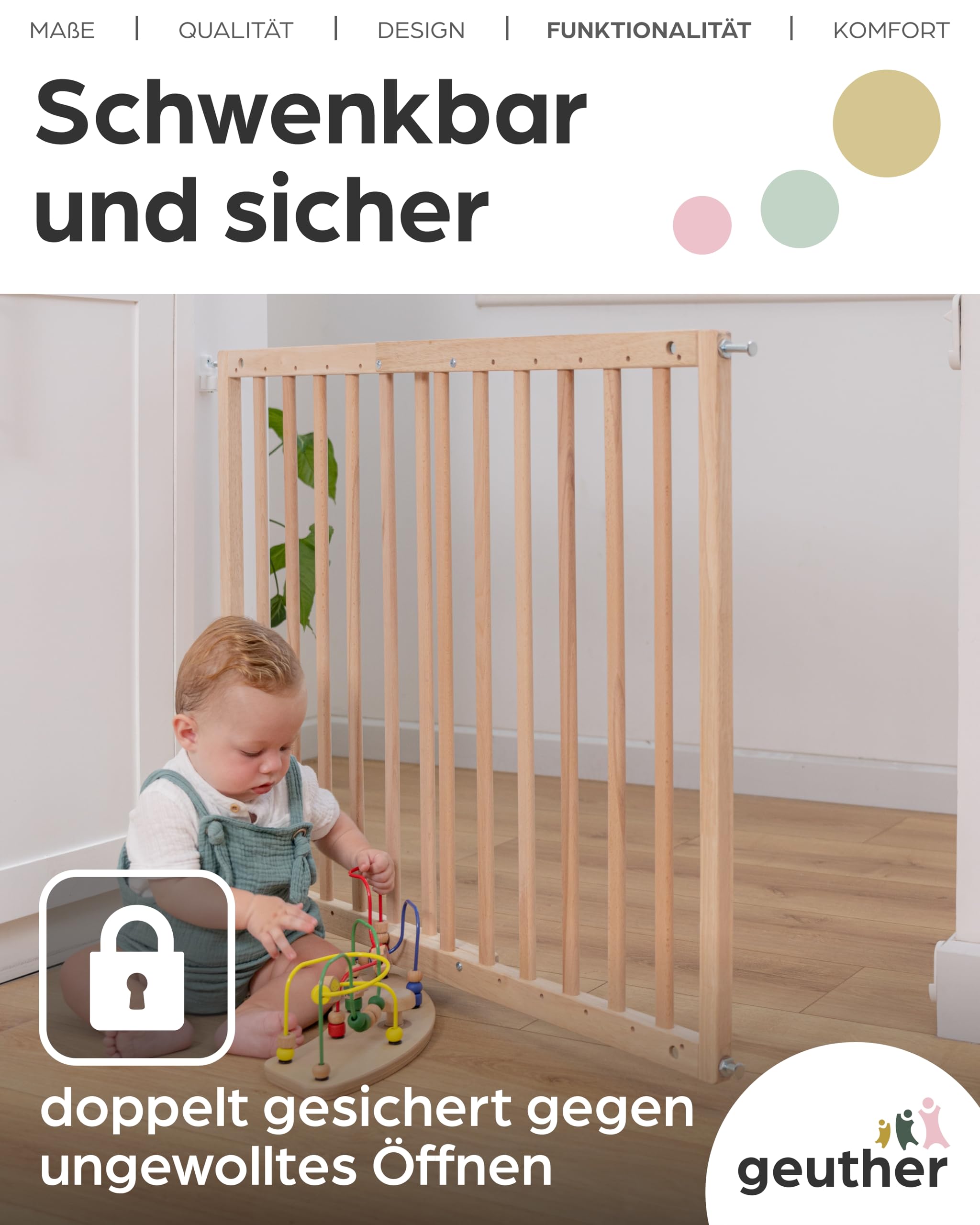 Geuther Türschutzgitter Holz 63-103,5 cm, Weiß I Treppenschutzgitter zum Bohren I Extra hohes Babygitter, Sicherheitsgitter für Treppe & Tür I Als Hundegitter Wohnung & Kinderschutzgitter