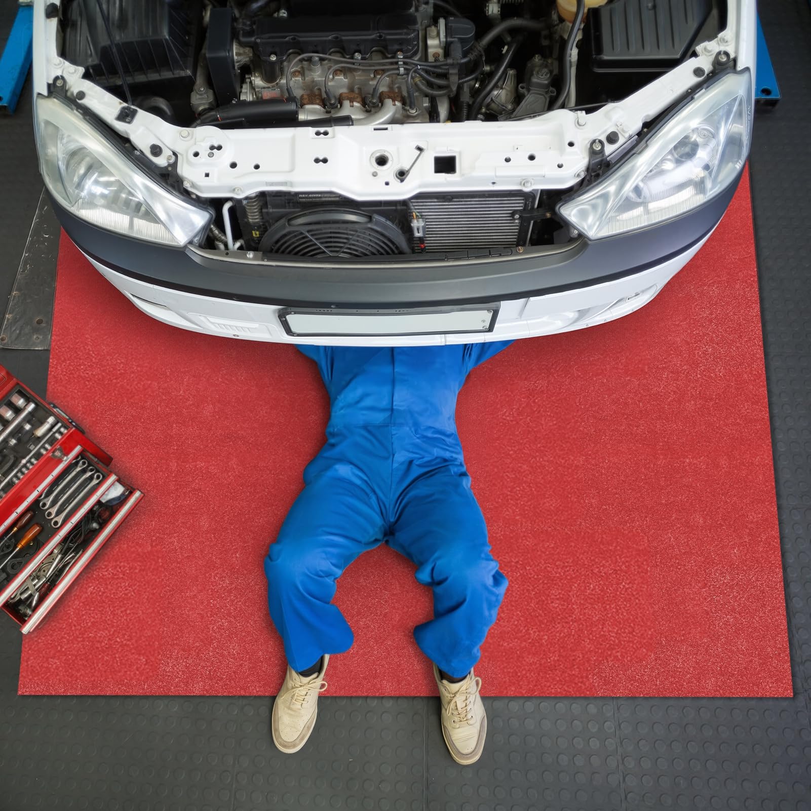Tapis de Sol Garage 223x520 cm, Tapis Moto Antidérapant Absorbant Huile et Eau, Moquette Garage avec Dossier Imperméable en PE, Protection Sol Atelier pour Voiture Moto Rouge