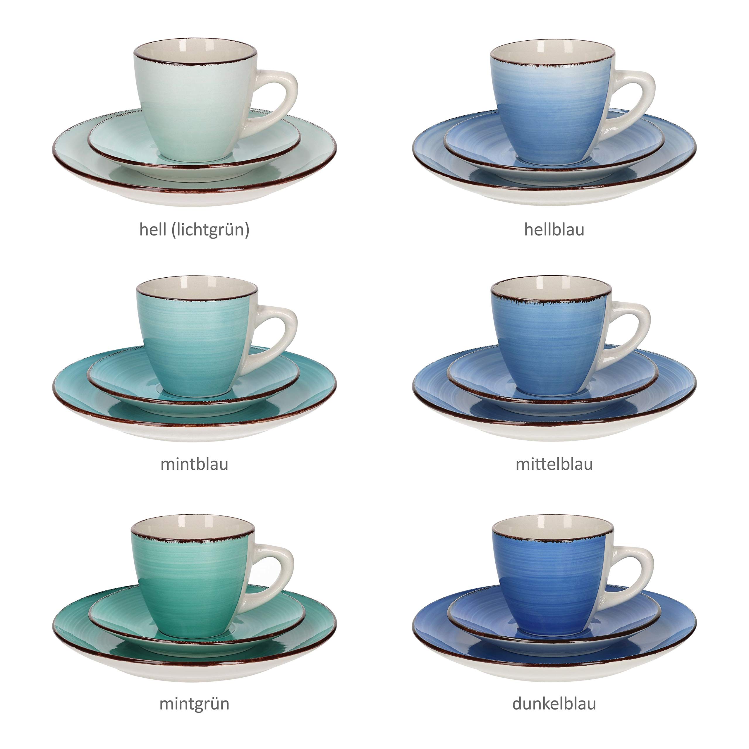 MamboCat 18-Teiliges Kaffee-Service Blue Curacao - Geschirr-Set für 6 Personen, Handbemalt - Steingut Mit Tassen, Unterteller, Kuchenteller - Buntes Set