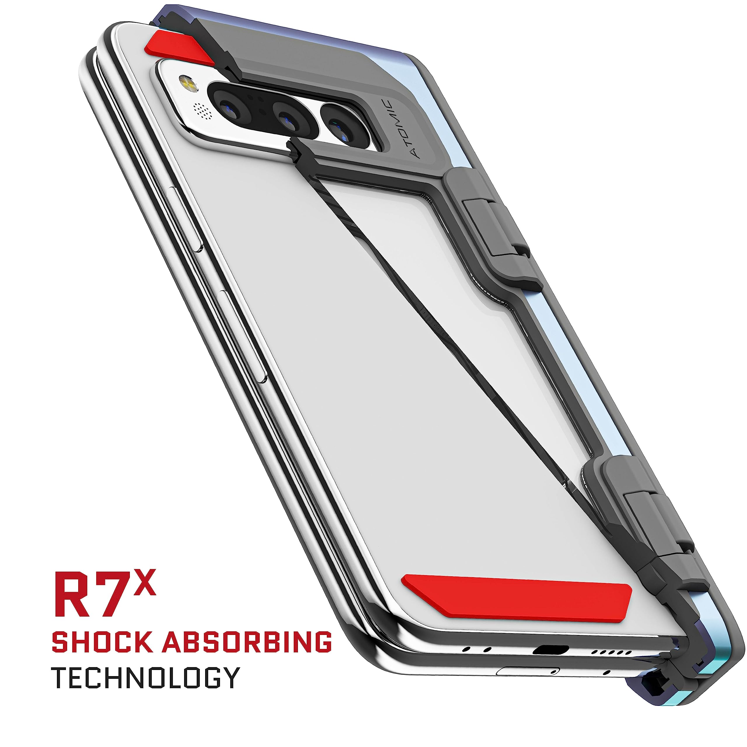 Ghostek ATOMIC slim Pixel Fold Phone Case with Clear Back and Iridescent Aluminum Bumper Heavy Duty Shock Absorbent Protective Metal Phone Covers Designed for 2023 Google Pixel Fold (7.6") (Prismatic)