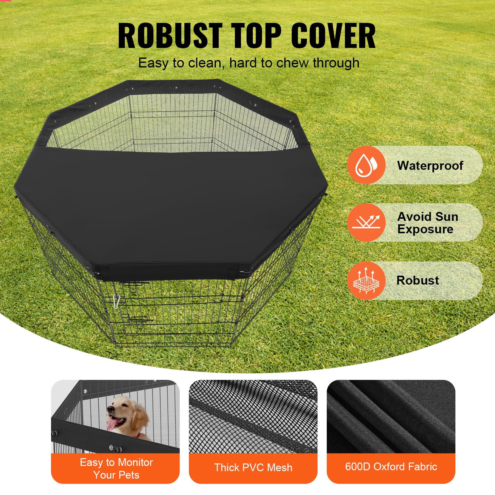 VEVOR Parque de Juegos para Perros 8 Paneles de 760 mm x 610 mm, Corral de Ejercicios de Metal Plegable con Puerta y Cubierta Superior de Tela Oxford 600D para Perros, Gatos y Otros Animales Pequeños