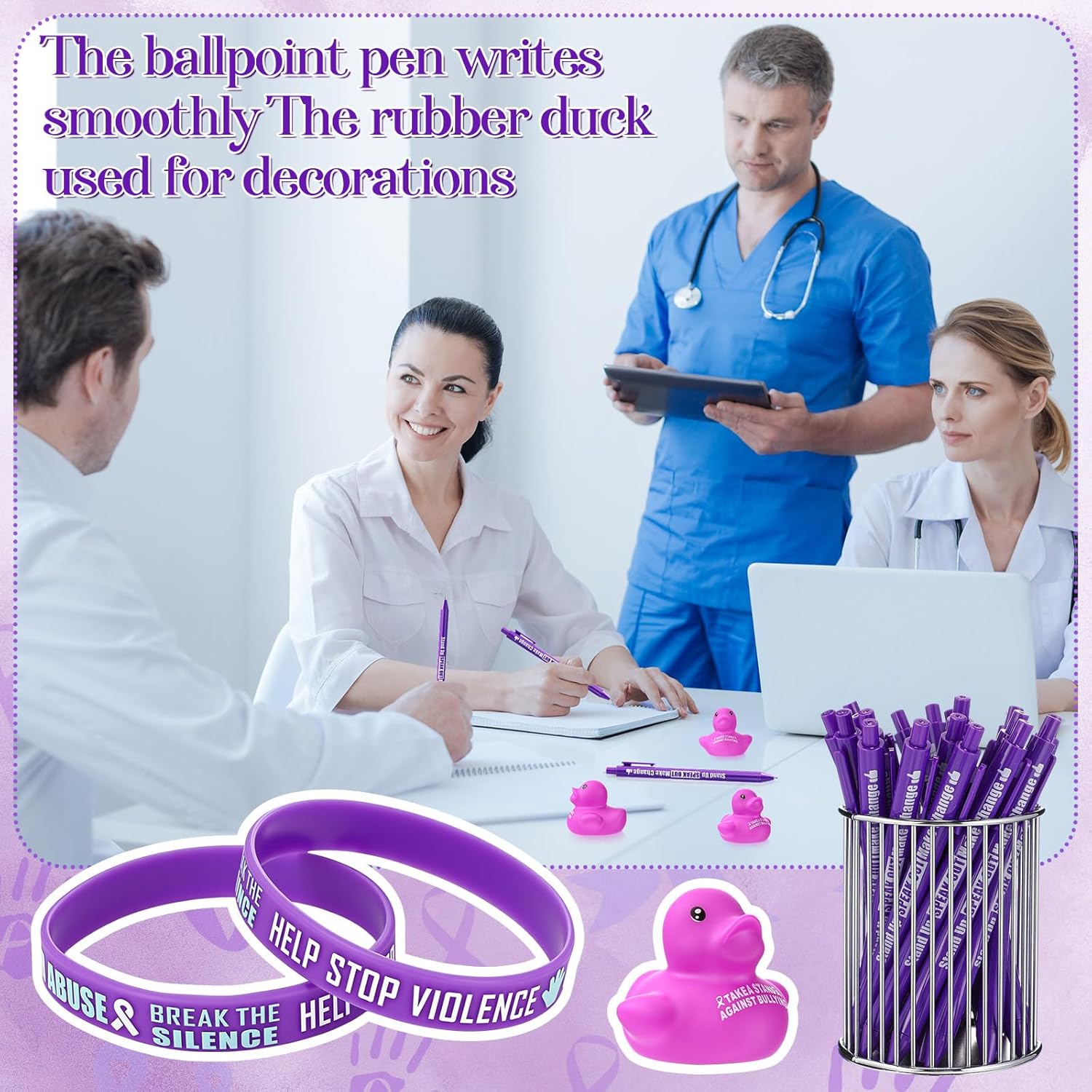 JellyArch 245 pcs Domestic Violence Awareness Accessories Gifts Bulk Purple Ribbon Pins, Bracelets, Pens, Ducks, for Cancer Awareness Month in October Against Violence Event Supplies