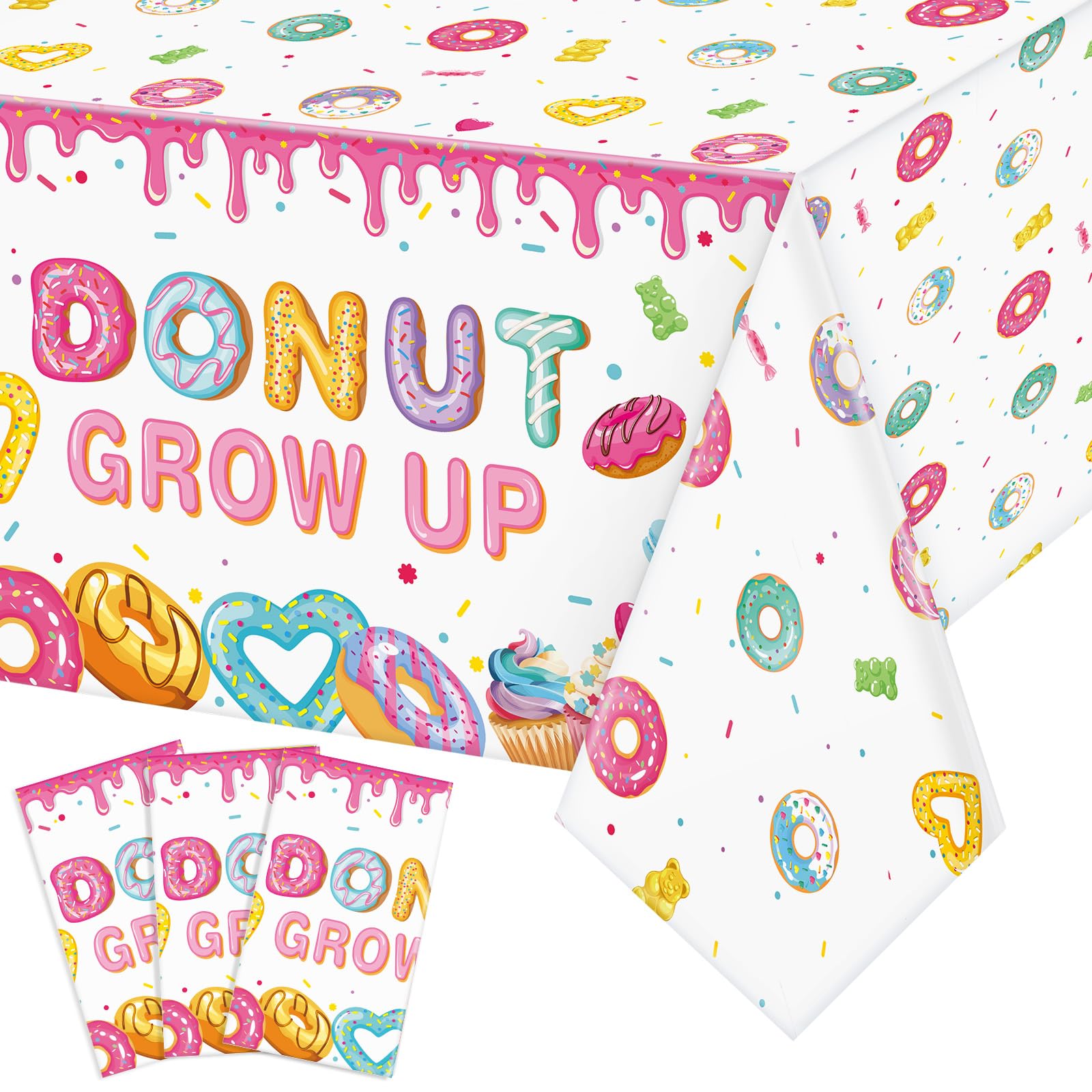 Dandat 3 Pcs Donut Grow up Party Decorations Donut Table Cloths Disposable Plastic Rectangular Desserts Birthday Party Table Covers for Girls Two