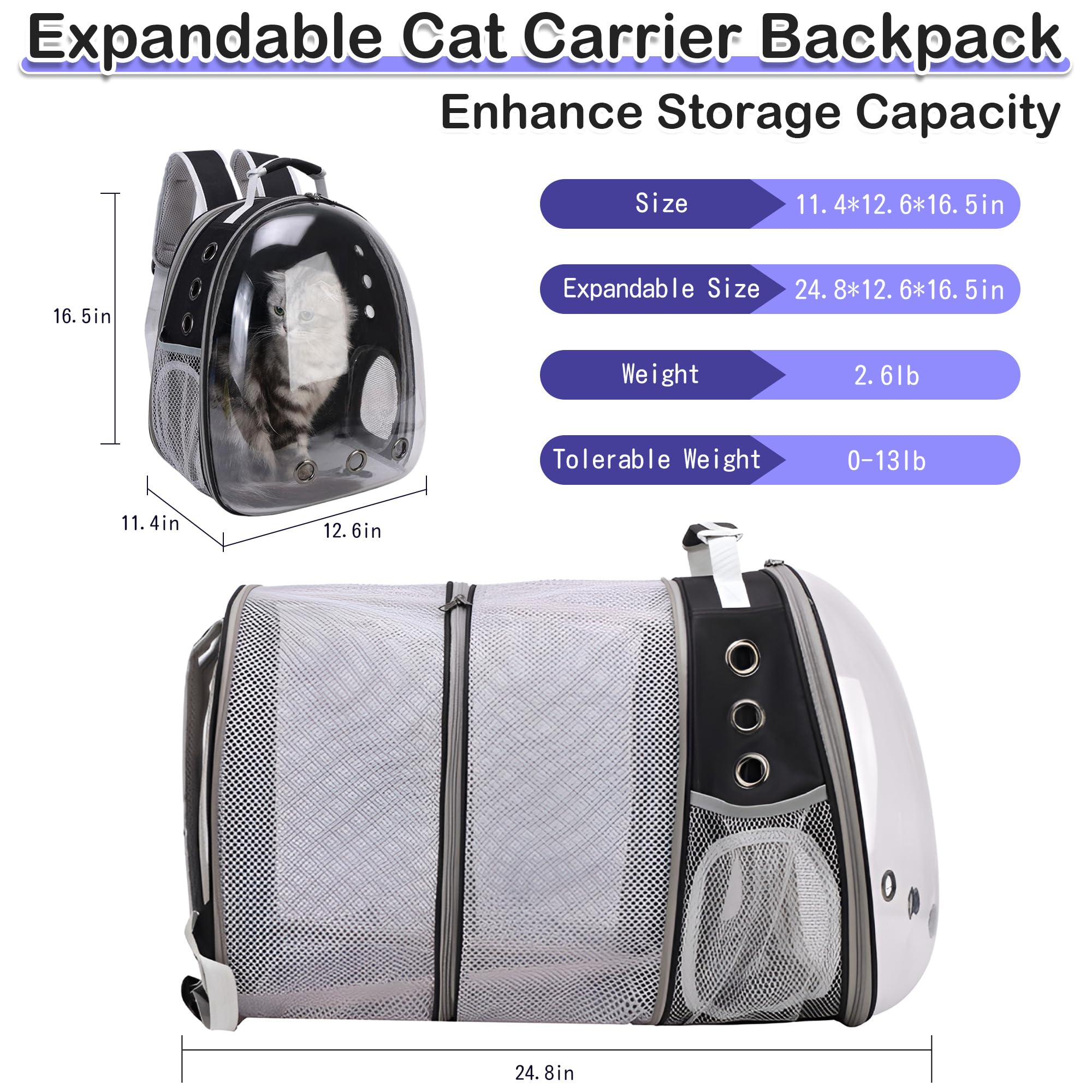 XZKING Expandable Cat Backpack Carrier Bubble for Large Cats 20 lbs, Airline Approved Pet Carrier Backpack for Small Dogs Kitten - image 2