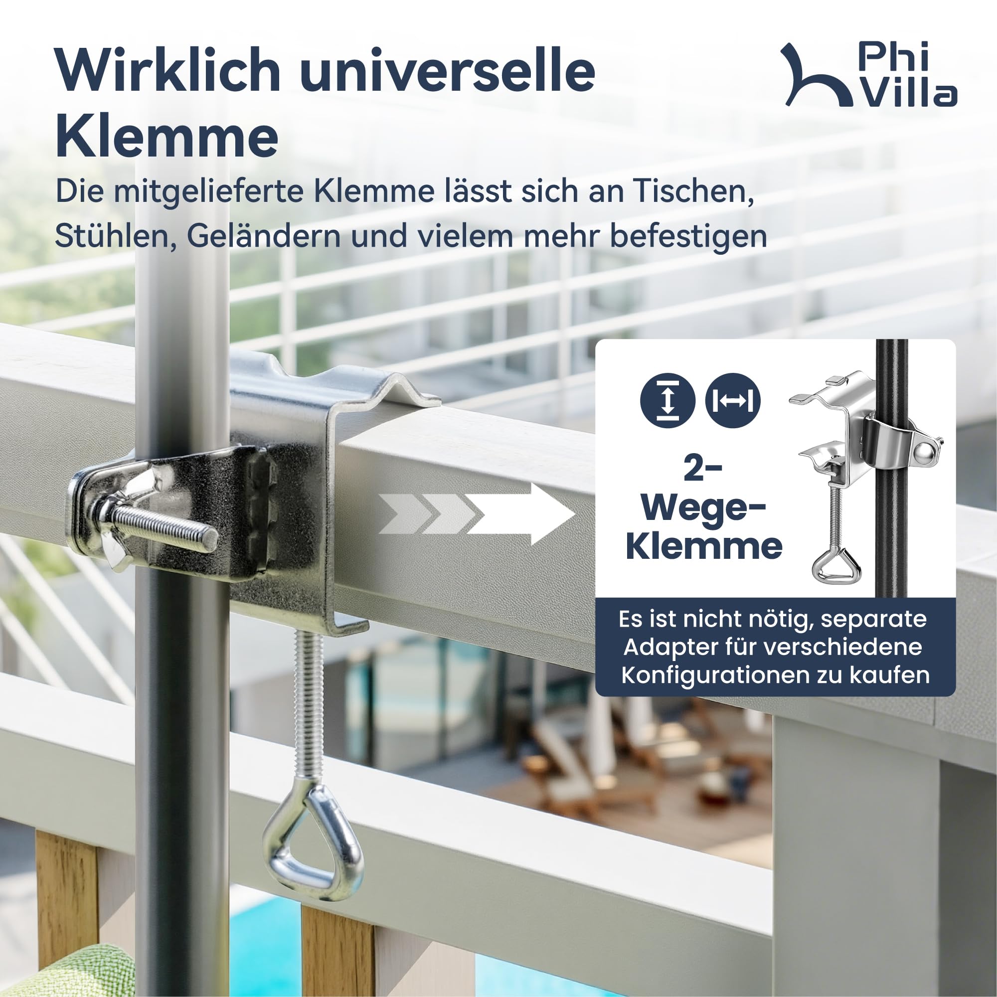 PHI VILLA 250x130cm Halber Sonnenschirm Höhenverstellbar mit Klemme, Balkonschirm Windfest Stabil zum Mitnehmen, UV50+ Schutz für Garten Terrasse Balkon Balkongeländer Tisch