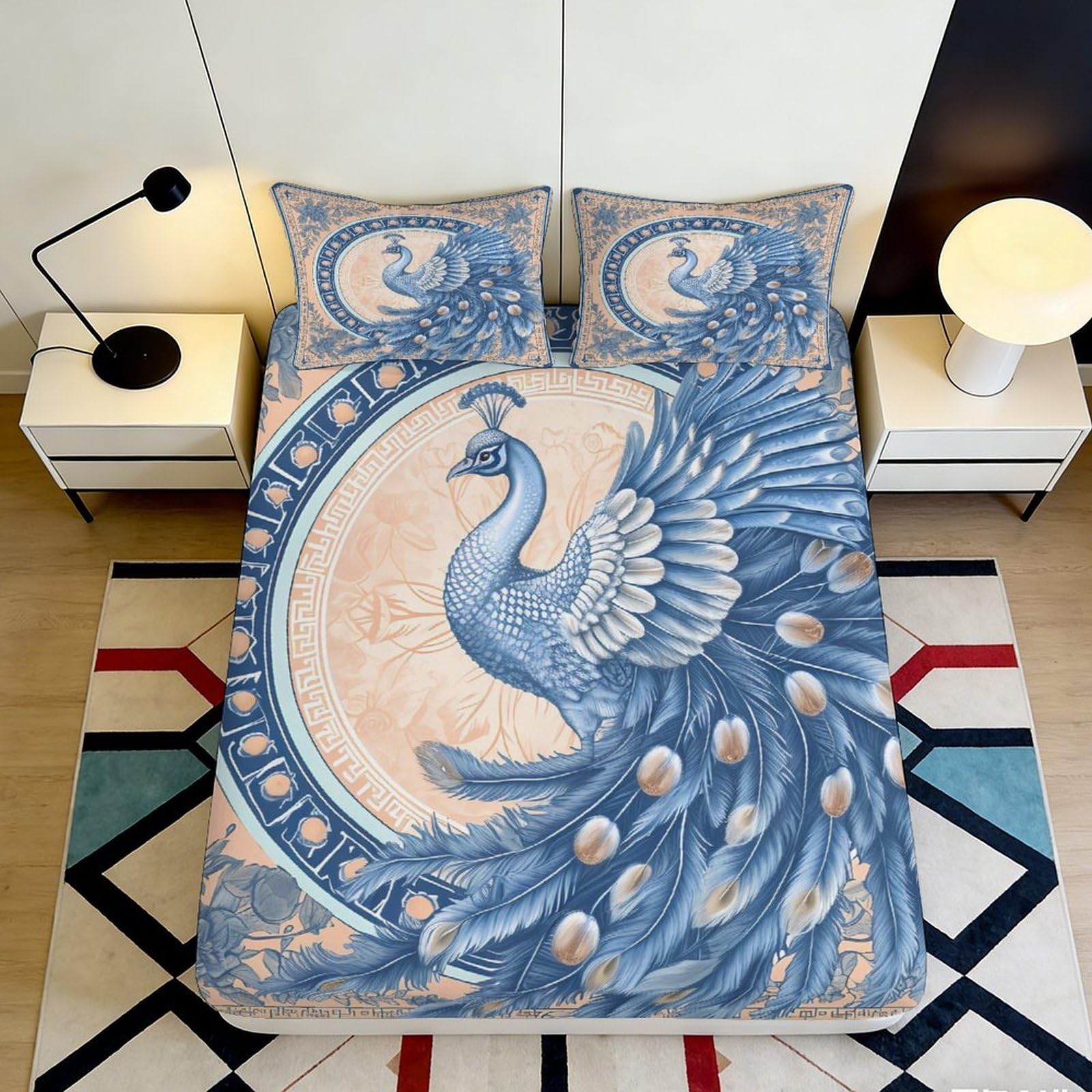 3D Printed Peacock Fitted Sheet Microfiber Deep Pocket Non-Slip Peacock Mattress Fitted Cover Washable for Bedroom 200x200x25cm