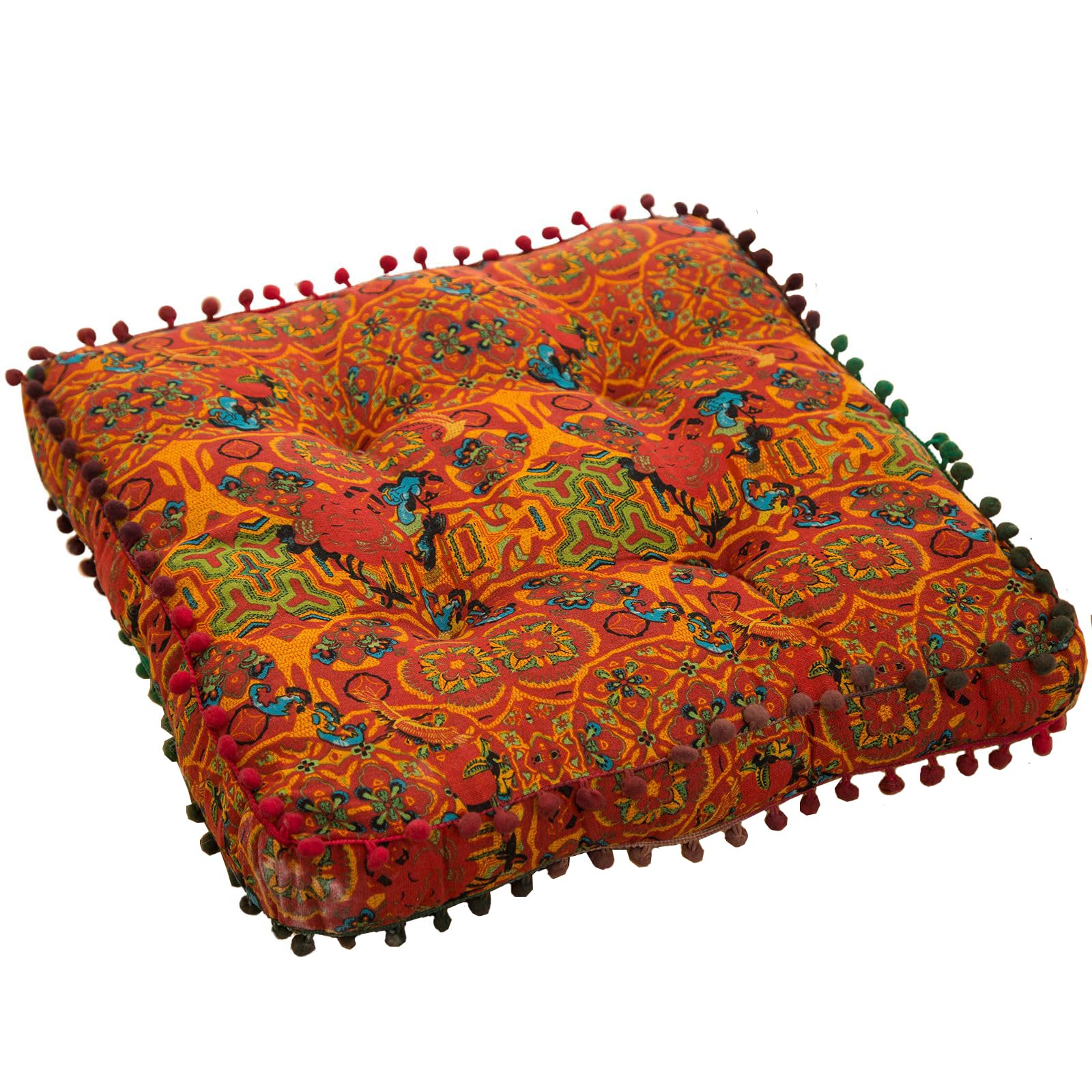 Huierxun Moroccan Printed Square Chair Pads Cotton Linen Soft Comfort Chair Cushion Colorful Pompom Seat Cushions for Indoor Dining Room and Kitchen