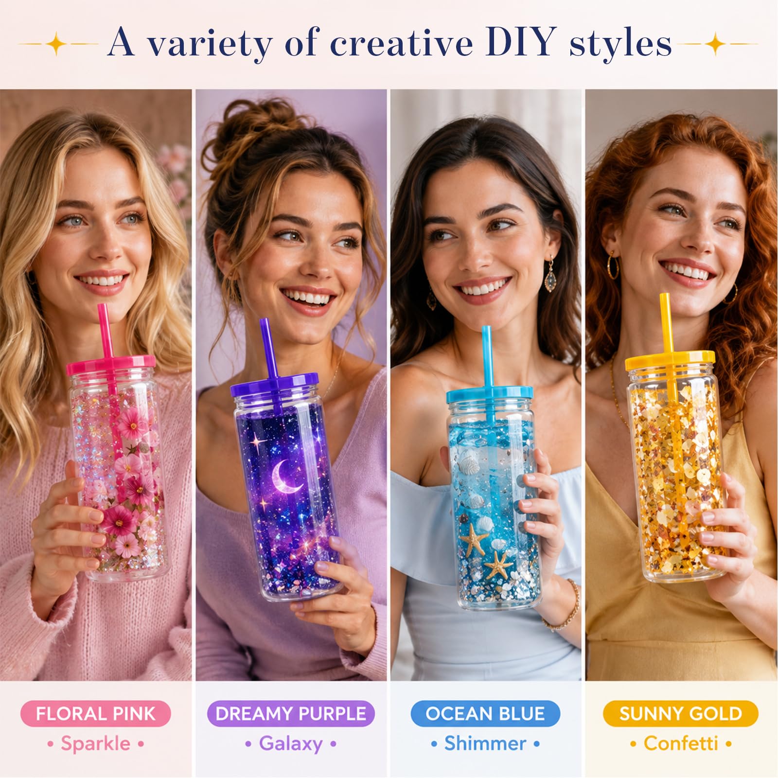 KASURE Confezione da 4 bicchieri a doppia parete in plastica da 473,6 g, in rosa, viola, giallo, blu, con 14 strumenti fai da te glitterati, set completo per la creazione di palle di neve per