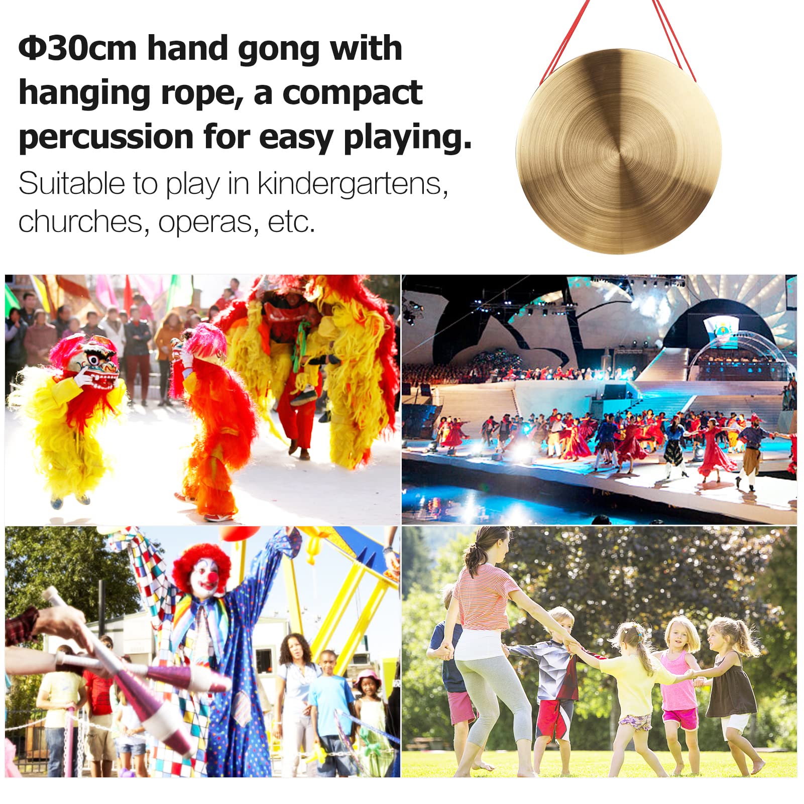 ACAGALA 30cm Hand Gong Becken Messing Kupfer Gong Kapelle Oper Schlaginstrument mit Rundspielhammer