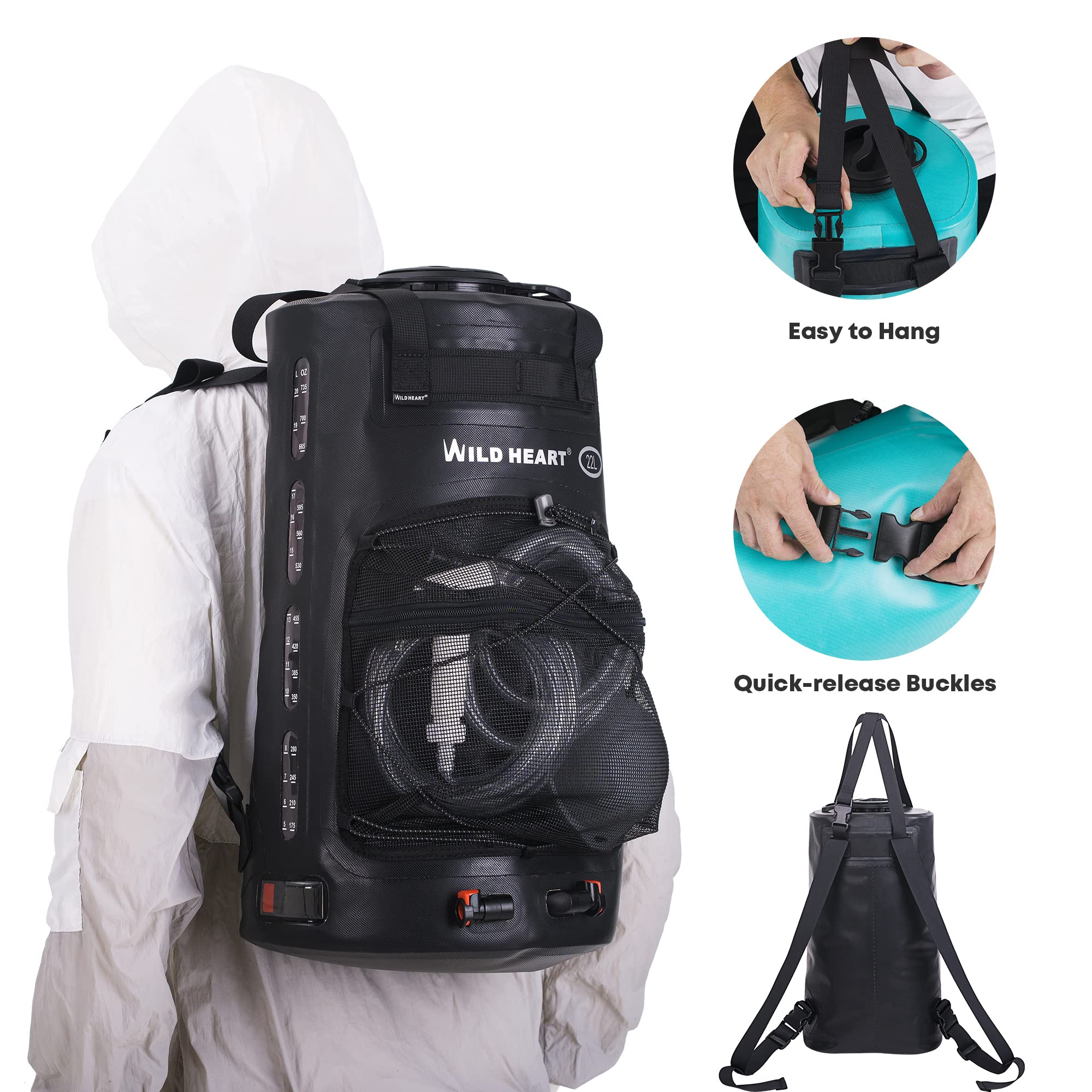 WILD HEATCampingdusche 12L 22L Tragbare Dusche für Camping mit Druckfußpumpe und Duschbeutel-Rucksack für Camping