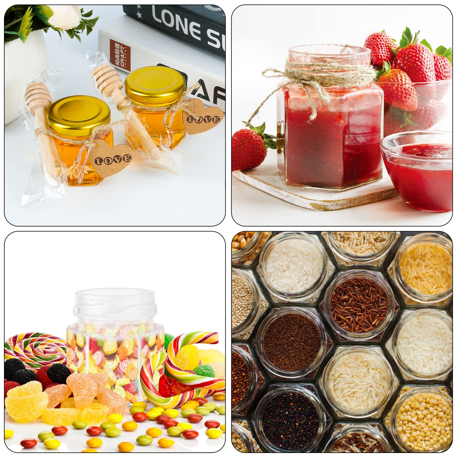 20Pcs 45ml Mini Pots à Miel en Verre Hexagonaux avec Louches en Bois, Pendentifs Abeille, Étiquettes en Papier Kraft, Jute Pots à Confiture, Parfait Babyshower, Faveurs de Mariage (20)