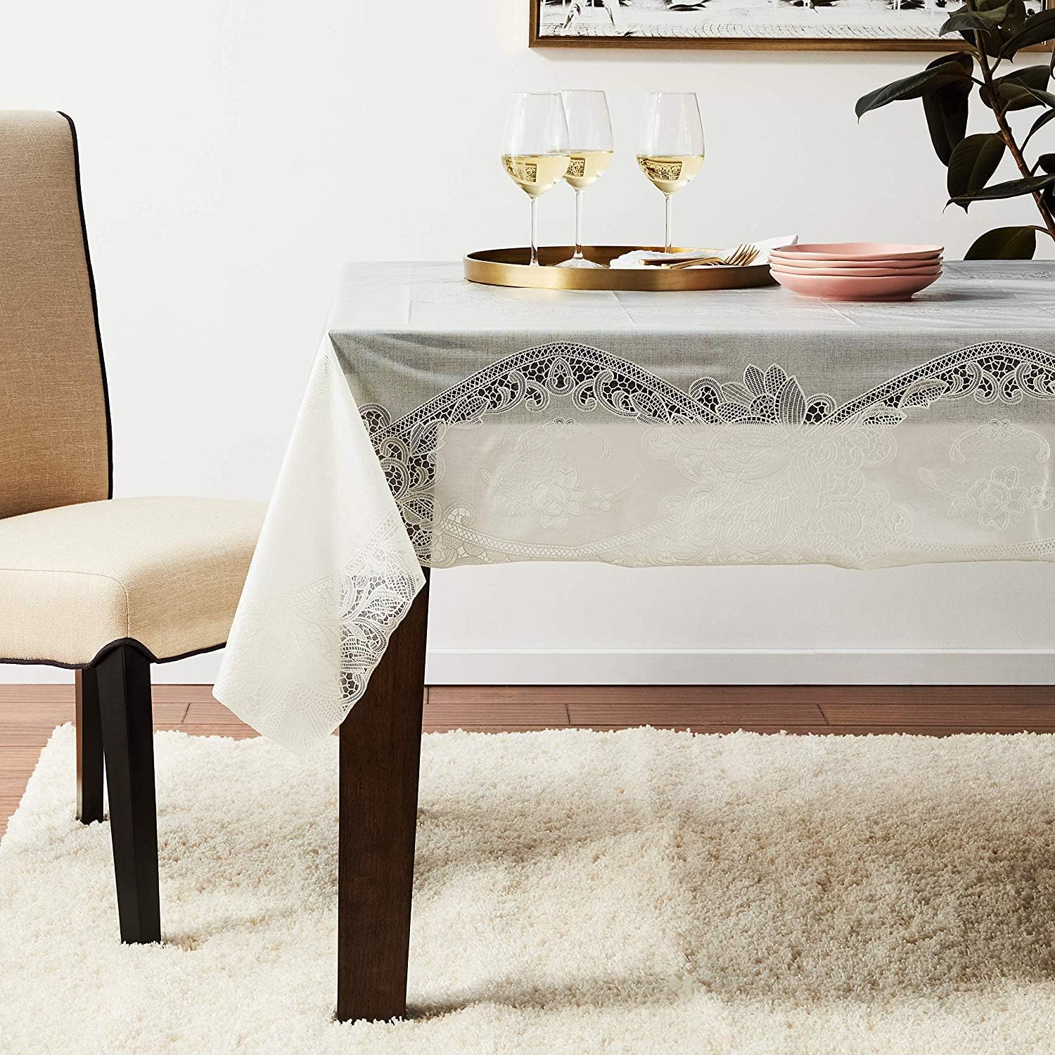 Best Deal Cheap 🛒 Violet Linen Vinyl Lace Battenberg Floral Design Tablecloths, 60 X 90, Ivory