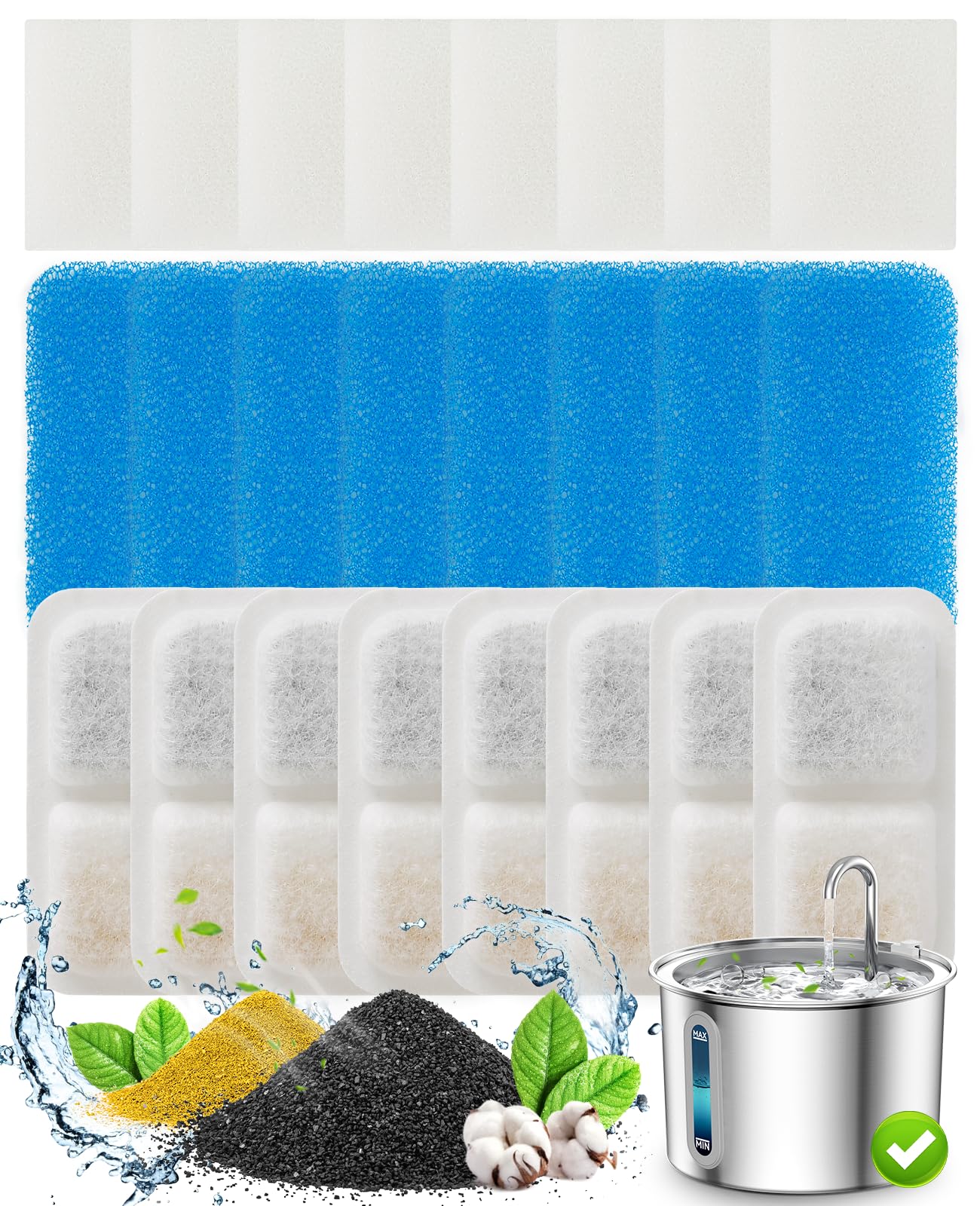oneisall 8 Pack Replacement Filters for PWF-001 2L/67oz Cat Water Fountain Stainless Steel Water Fountain for Cats Inside, 3 Filtration System