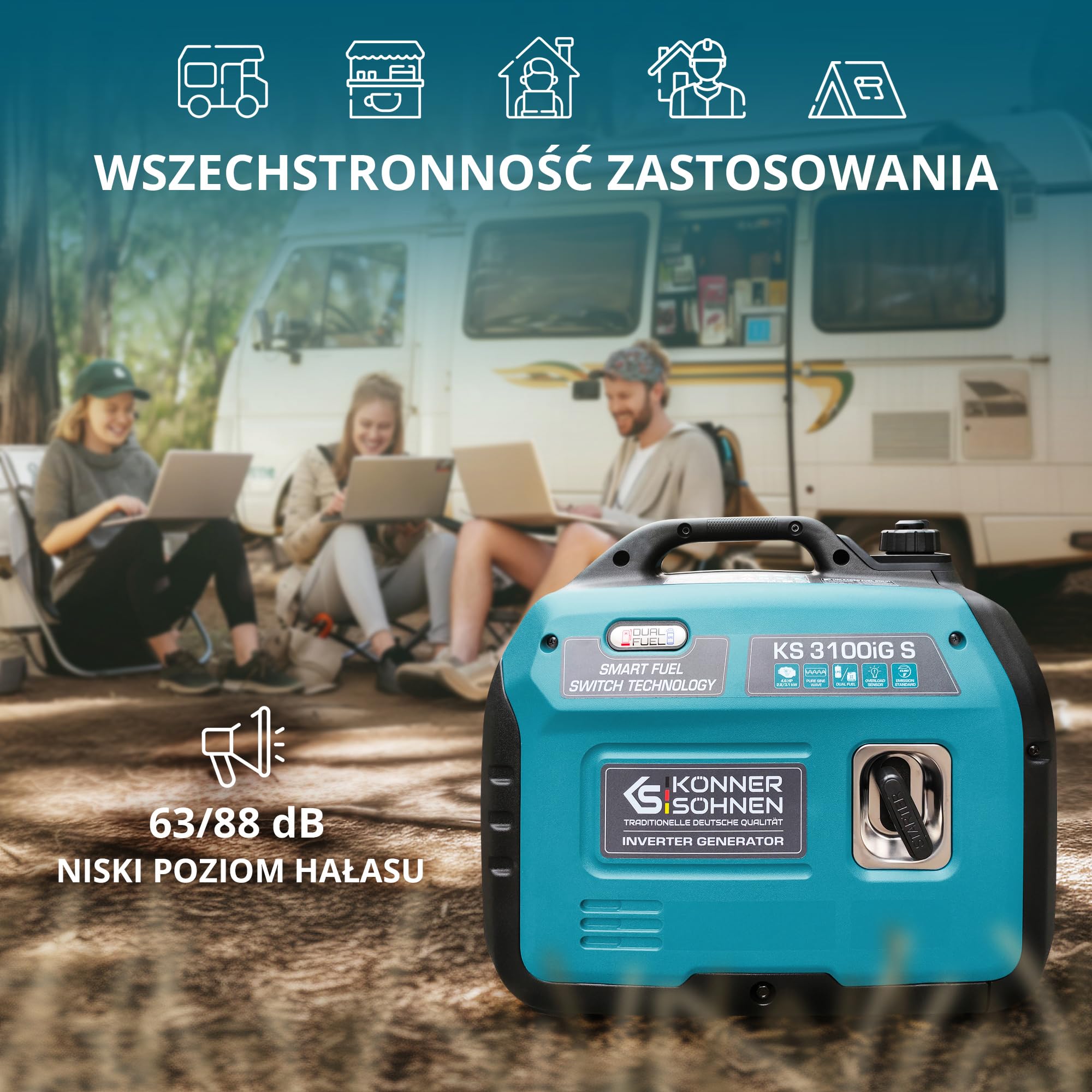 Generator inwertorowy gazowo-benzynowy KS 3100iG S Könner & Söhnen agregat prądotwórczy 3100W, Schuko 230 В, 2 porty USB, Wyświetlacz LED, tryb ECO, uzwojenia miedziane, generator prądu.