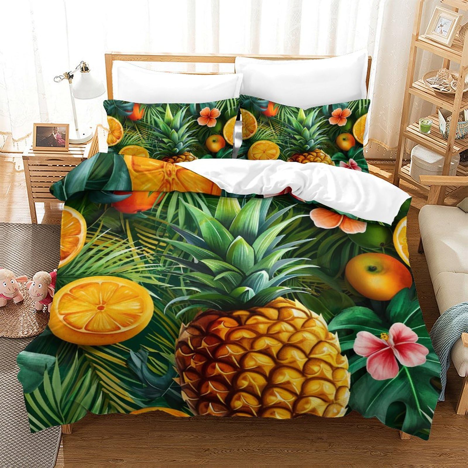 Housse de couette ananas 200x200cm : parure de lit 3D avec taie d'oreiller double
