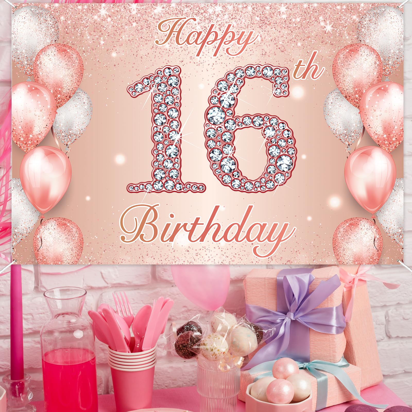 LASKYER Happy 16th Birthday Door Banner - Cheers To Sixteen Years Porch Sign, 70 Inch Tall, Durable Fabric, Easy Hang