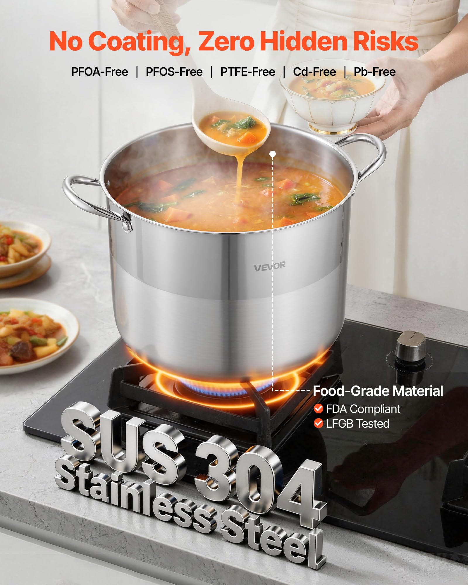 VEVOR Pentola in Acciaio Inox da 15,1 Litri, Casseruola in Acciaio Inox Ø 320x240 mm con Coperchio in Vetro per Cottura da Cucina Brodo, Pasta, Zuppa, Catering Ristorante, Piani Cottura a Gas