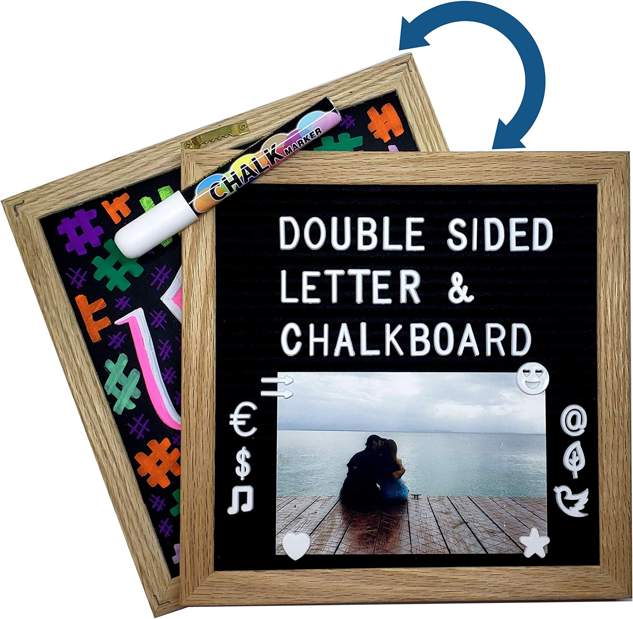 Felt Letter Board, Double Sided Letter Board & Chalkboard, 460 White Letters with emojis / Cursive Words / Tripod Stand / Liquid Chalk / Letter Bag / Wall mount, Oak frame, 10x10 inches. Realyss