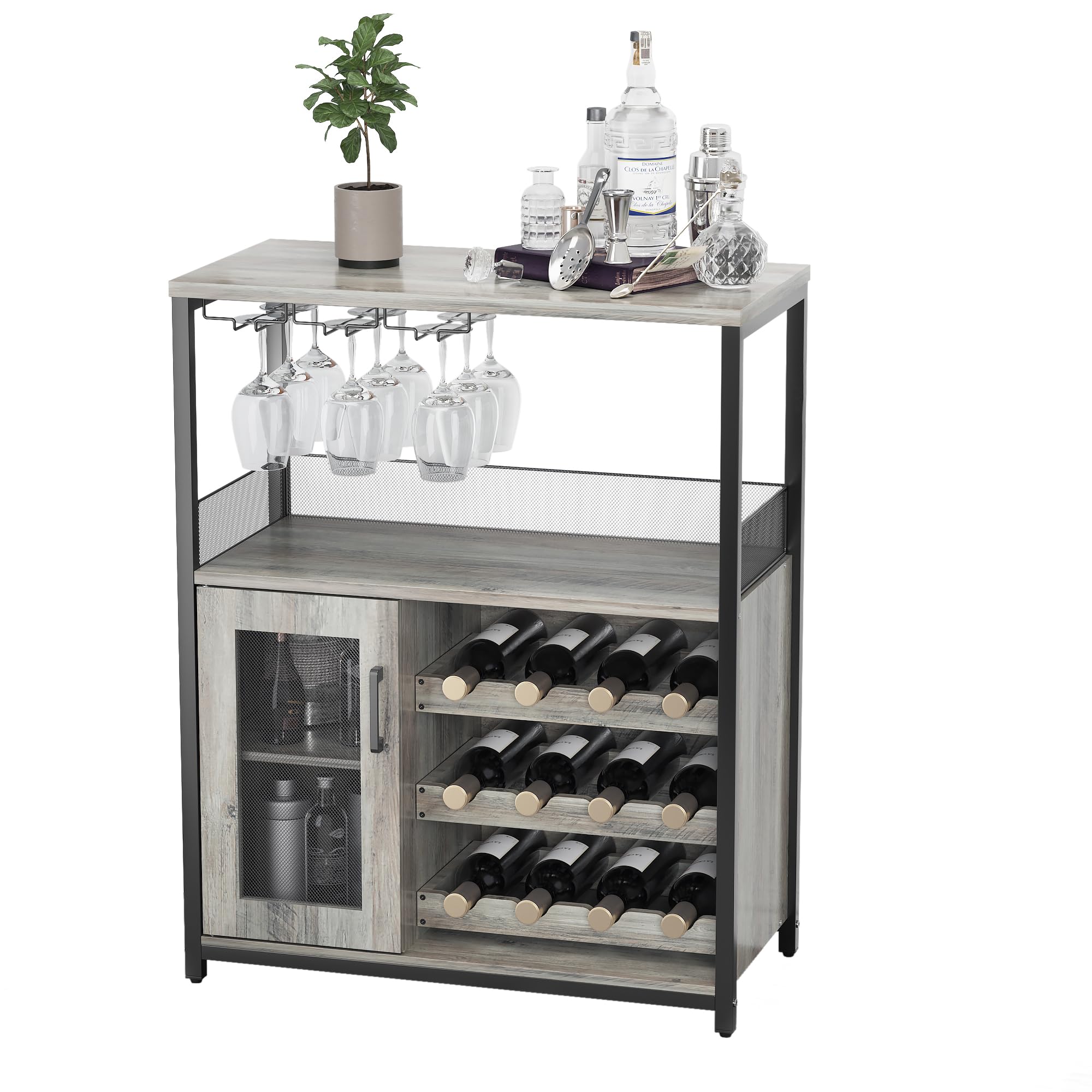 GAOMON Wine Bar Cabinet with Detachable Wine Rack, Wood Bar Cabinet with Storage Space & Glass Holder, Mesh Door, Small Modern Buffet Sideboard for
