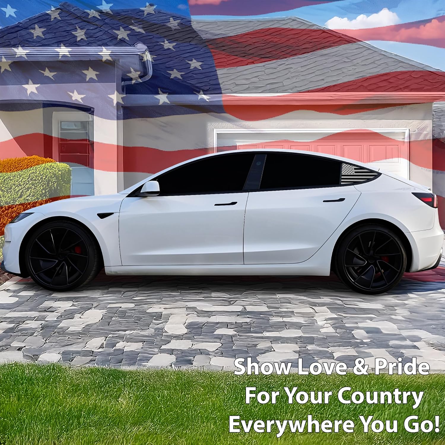 BOGAR TECH DESIGNS Precut Quarter Window American Flag Vinyl Decal Sticker Compatible with Tesla Model 3 2024-2025, Matte Black