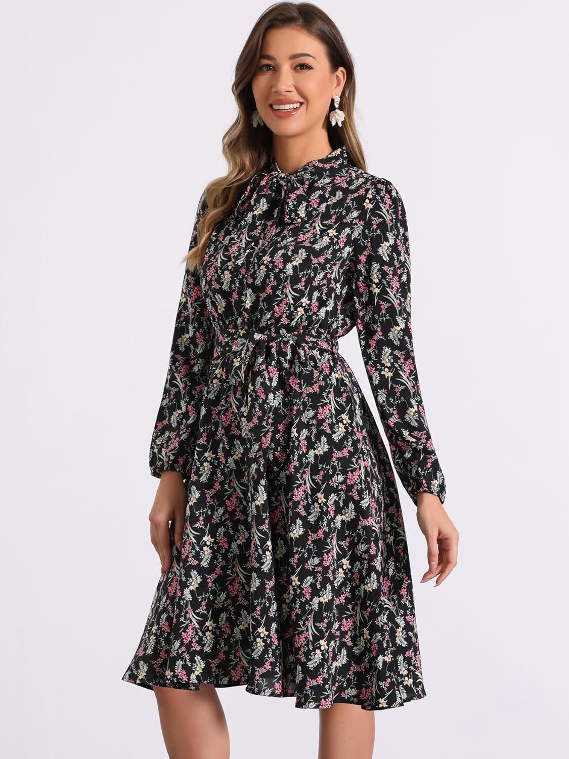 Allegra K Women's Tie Neck Dresses Chiffon Long Sleeve Belted Vintage Floral Dress - Image 4