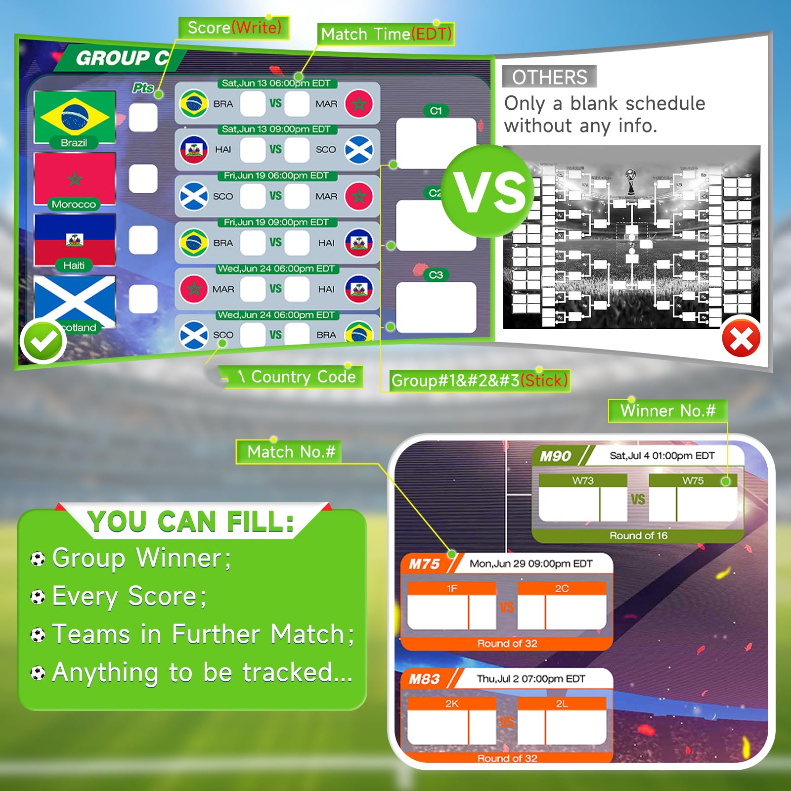 2026 World Soccer Cup Extra Large Schedule Poster 43"x32", 2Pcs Merchandise with 600 Flag Stickers and Predict Champion Poster, Tournament Wall chart for Soccer Fans Gifts Party Decorations — view 3