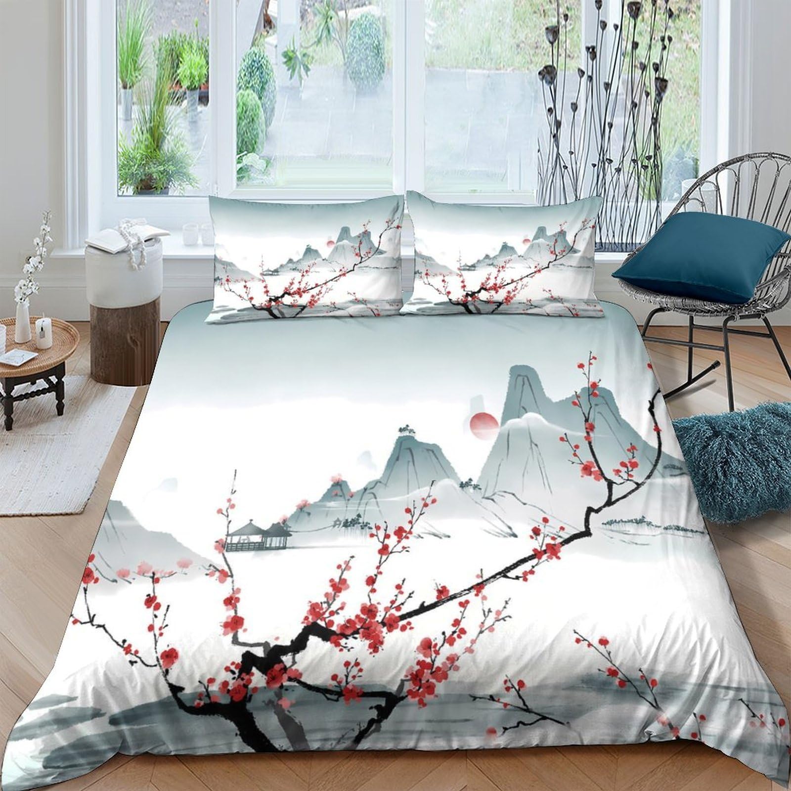 Ctjqhvkz Style-3 3D Printed Chinese Ink Plum Blossom Fitted Sheet Microfiber Soft Breathable Mountain Landscape Mattress Cover Bedroom Decor Single（135X200cm）