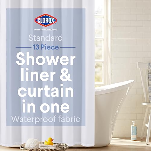 Clorox Cortina de ducha de baño 2 en 1 con ganchos de metal, tela duradera, imanes pesados para control del agua del baño, lavable, calidad premium,
