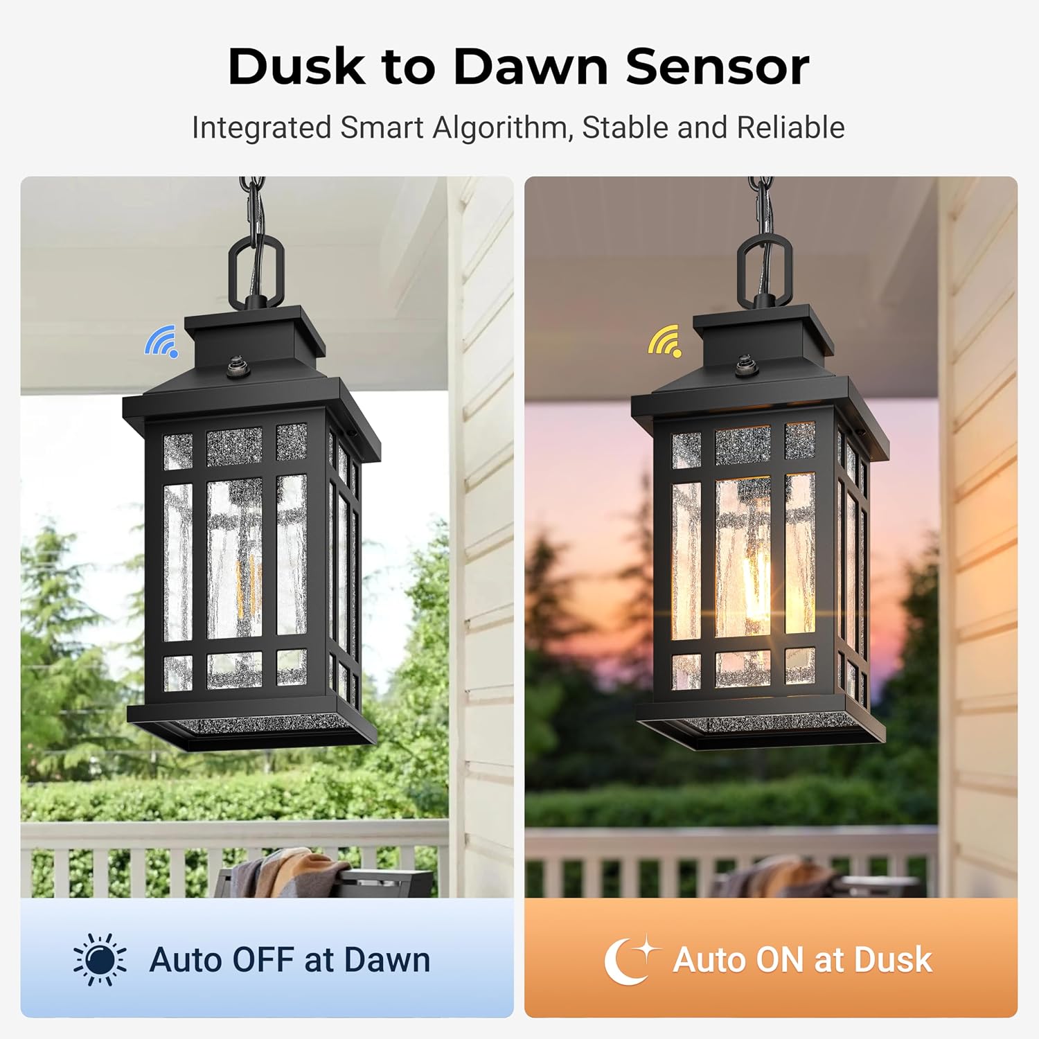 Dusk to Dawn Outdoor Pendant Lights for Porch, Black Hanging Porch Light Ceiling Mount with Adjustable Chain, Aluminum Modern Outdoor Hanging Light Fixture, Exterior Pendant Lights for Gazebo