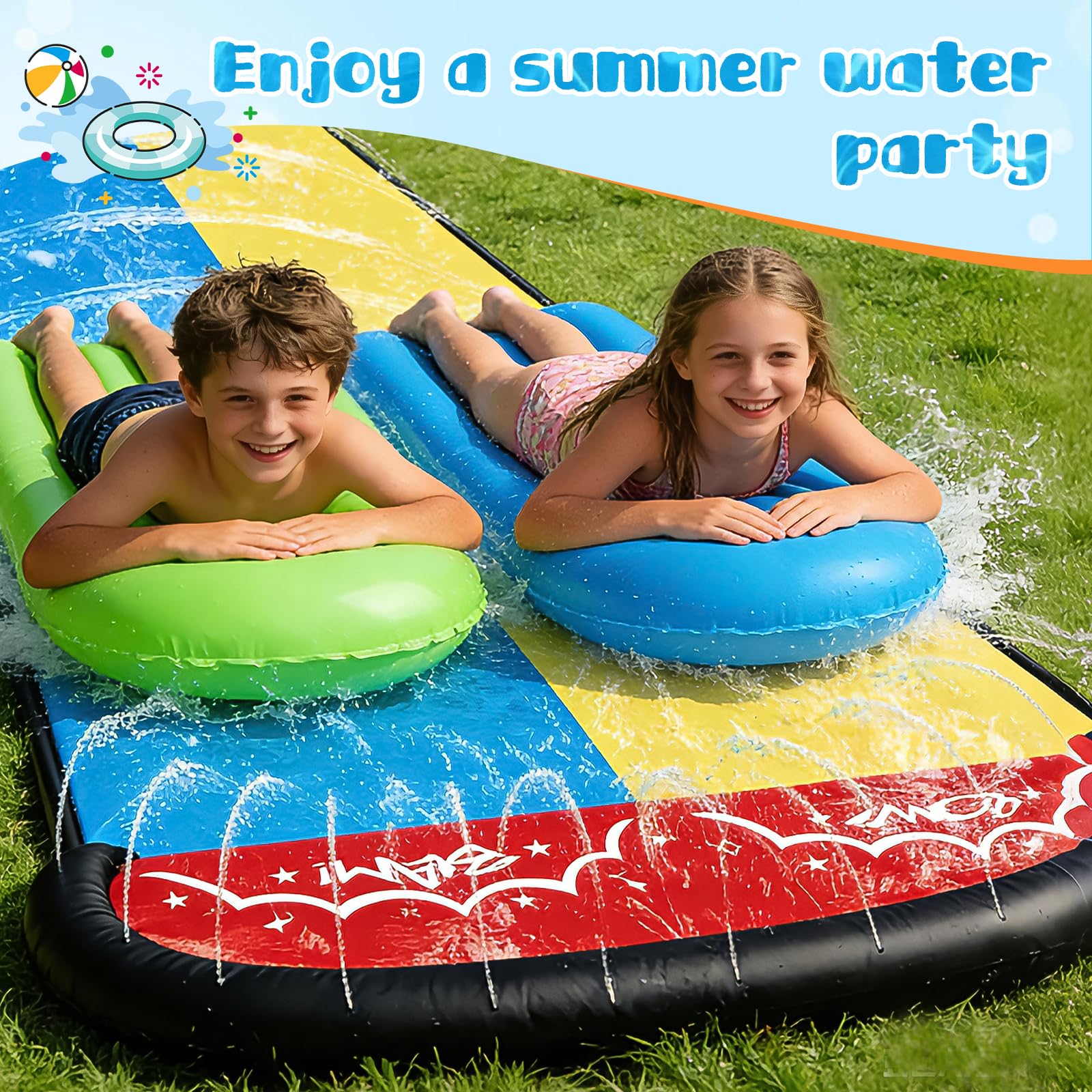 Toboggan Aquatique, 480 x 140cm Toboggan pour Pelouse Double Toboggan à Eau, Toboggan de Pelouse d'été avec Arroseur Intégré avec 2 Planches Gonflables pour Jeux d'eau en Extérieur