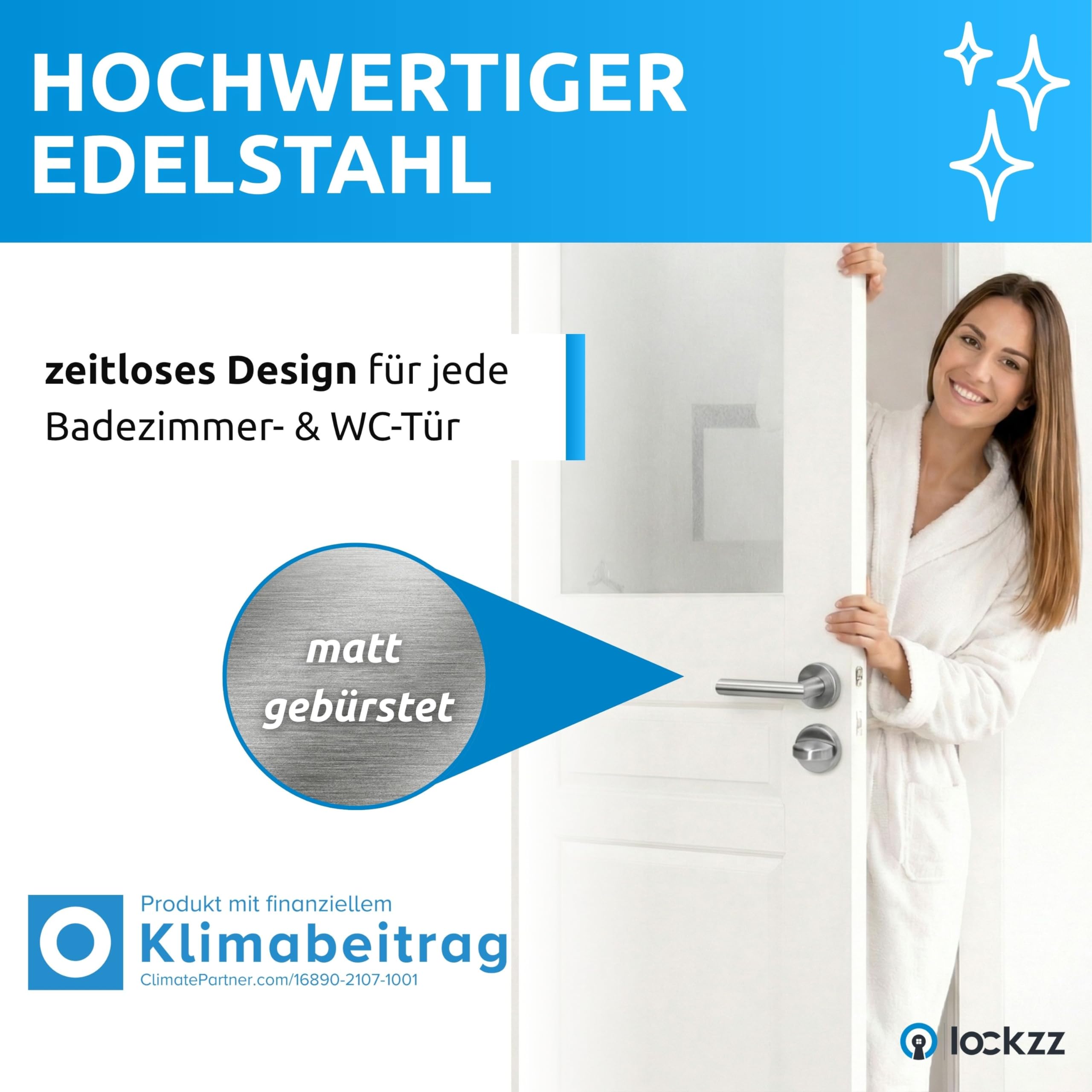 lockzz Türgriff Drückergarnitur Würzburg Edelstahl Matt Gebürstet – Türbeschlag für Badezimmertüren & WC – L-Form Rund-Rosette mit Sperrriegel & Hochhaltefeder – Badtürgriff Set