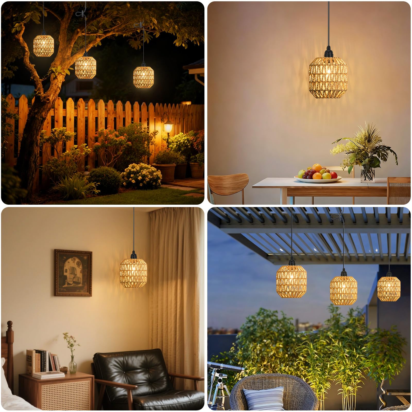 3 sztuki lamp wiszących z baterią, boho, lampa wisząca, akumulatorowa, możliwość ściemniania, rattanowa, bez przyłącza do prądu, lampa wisząca, zasilana bateriami, z pilotem zdalnego