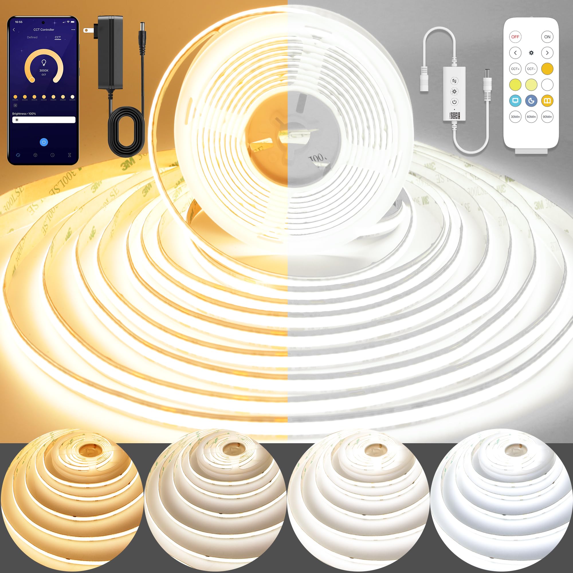 Pandery COB LED Strip Light,CCT Dimmable Strips Light,2700K-6500K,9.84ft/3m,8mm Wide,CRI90+ 24V LED Strips Kit with Bluetooth APP Control/Music Mode,for Bedroom,Kitchen,DIY Lighting