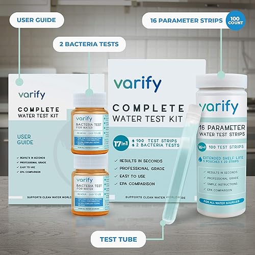 Varify 17in1 Complete Drinking Water Test Kit - 100 Strips + 2 Bacteria Tester Kits - Well, Tap, Home, City Water Testing Strip for Lead, Alkaline, Chlorine, Hardness, Iron, Fluoride, Copper & More