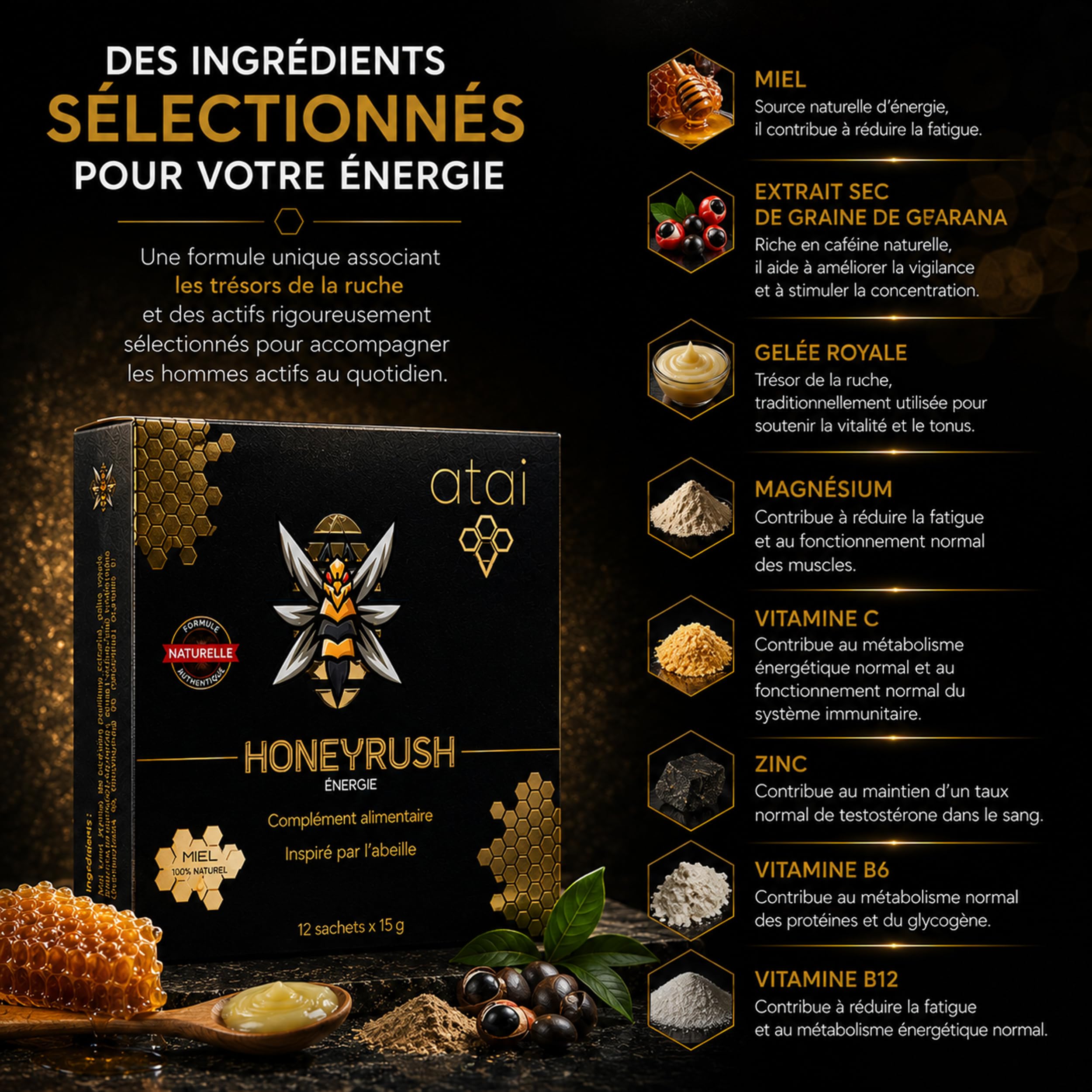 TONUS HOMME HONEY RUSH Miel, gélée royale, Guarana, Maca, Zinc, Vitamines B6,B12,C 12 Sachets 15 g