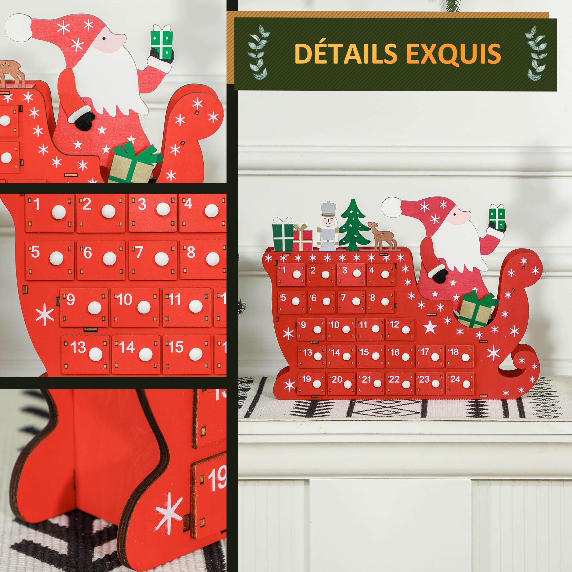 HOMCOM - Calendario de adviento de madera con 24 cajones para rellenar, color rojo | Calendario de Adviento reutilizable, diseño de Papá Noel y trineo, decoración de Navidad, regalo para niños y adultos